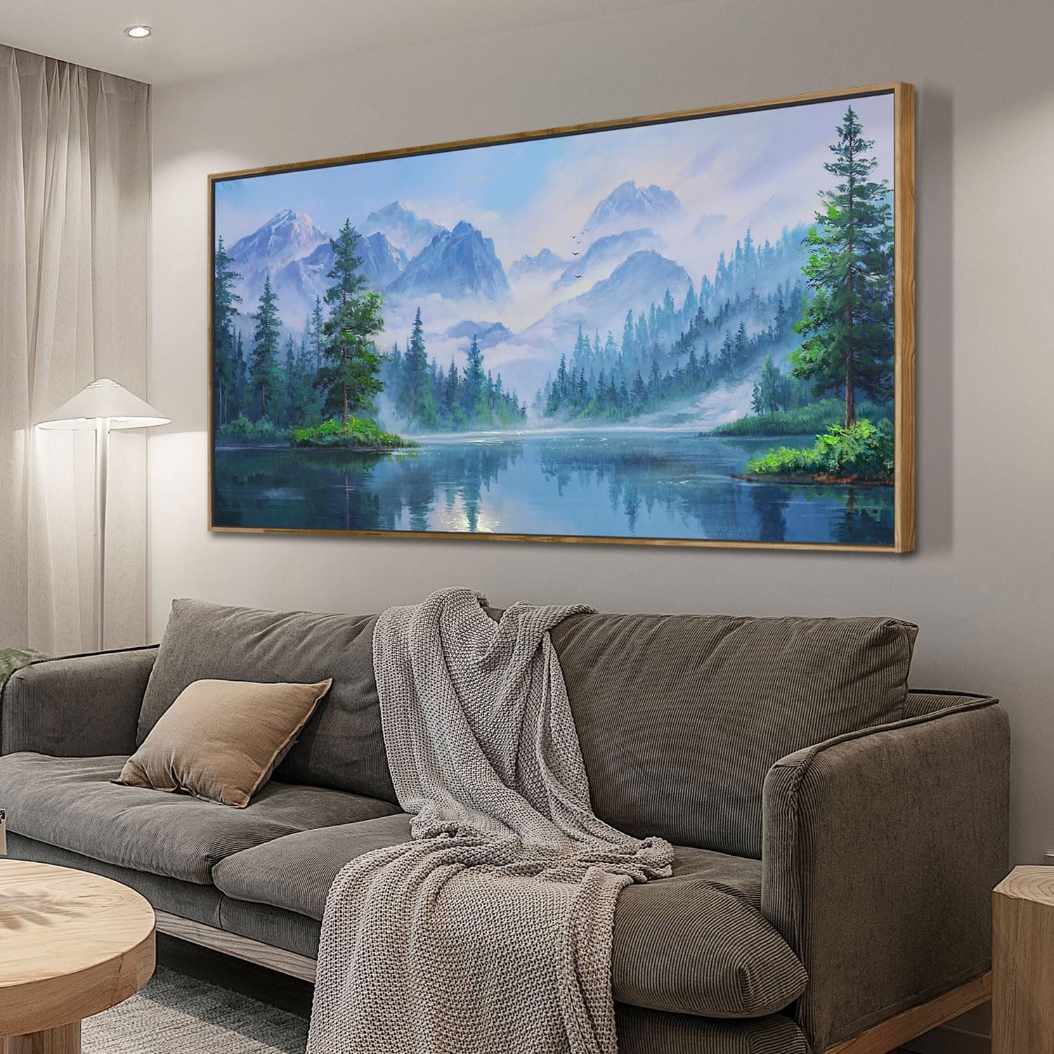 Ardemy Framed Lake & Mountain Canvas Wall Art 40"x20", Textured Blue-Green Landscape Painting, Large Nature Picture for Living Room Bedroom Office Decor
