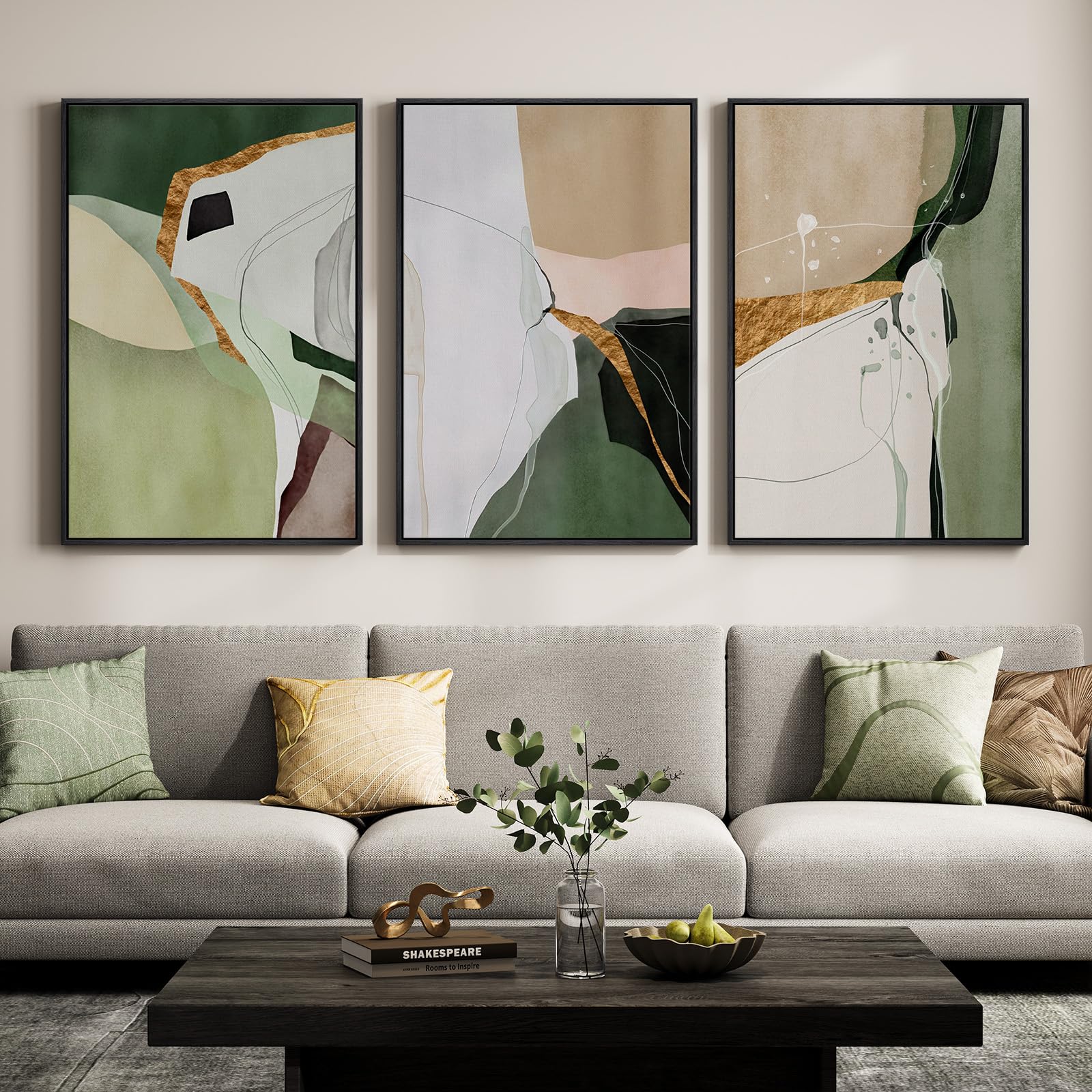 Large Framed Sage Green Abstract Landscape Wall Art for Living Room, 3 Piece Modern Canvas Prints Paintings Artwork for Walls, Nature Rustic Pictures Wall Decor for Bedroom Farmhouse Office 24x36 In