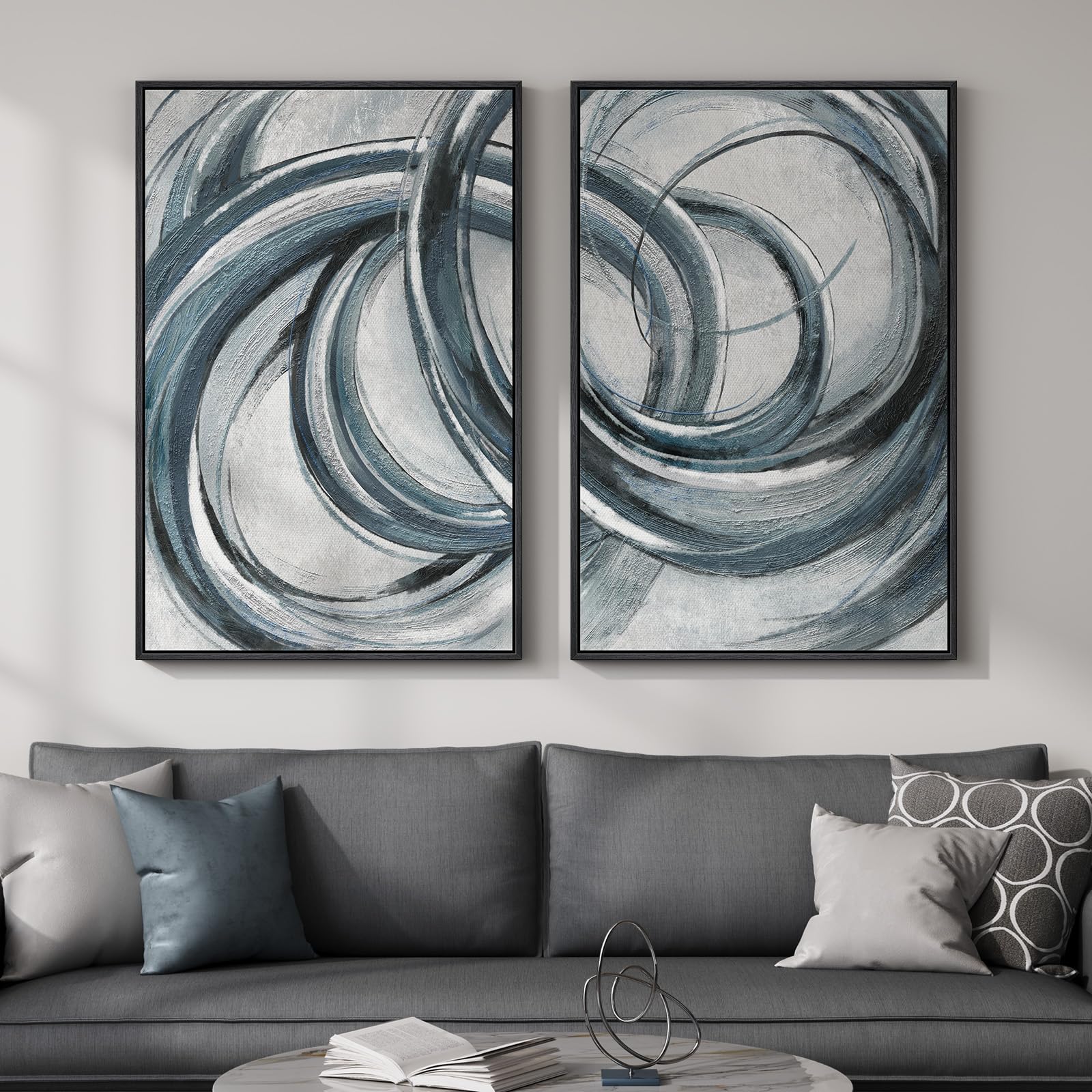 Framed Sage Green Abstract Wall Art for Living Room, Large Set of 2 Abstract Landscape Canvas Artwork for Walls, Minimalist Painting Print for Bedroom Dining Room Office Hallway Wall Decor, 24x36 Inch
