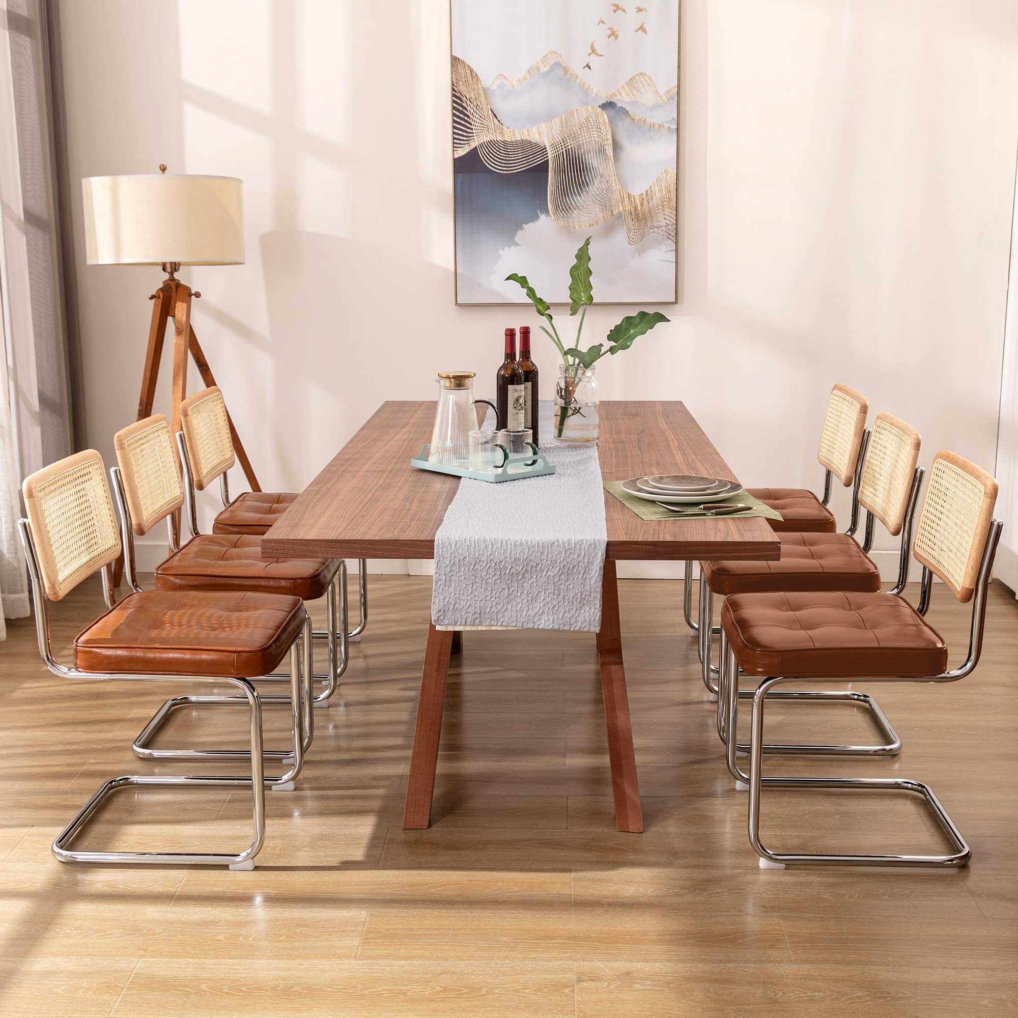 Zesthouse Natural Rattan Dining Chairs Set of 2, Olive Green Modern Kitchen Chairs with Solid Wood Back & Chrome Base, Mid Century Breuer Design Inspired, Upholstered Velvet Fabric