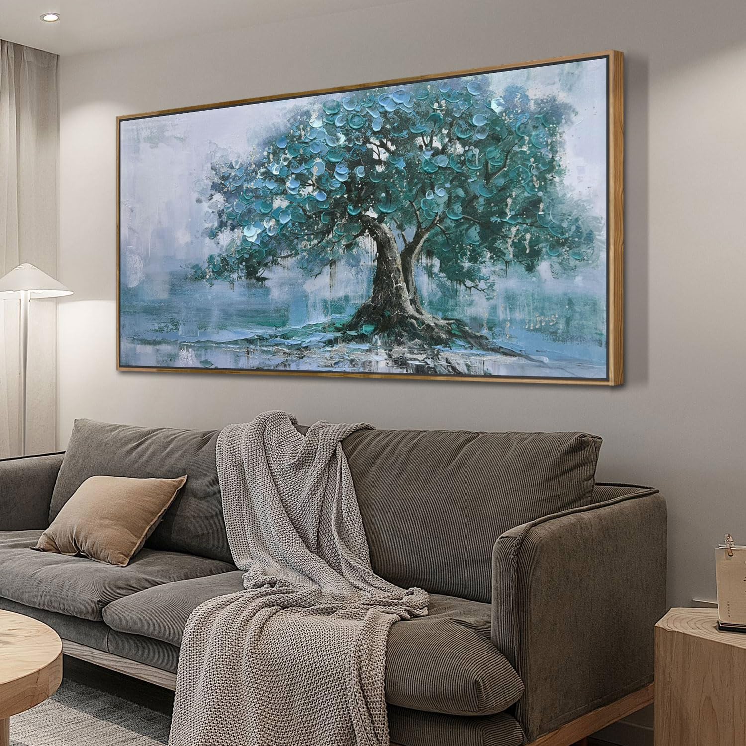 Ardemy Framed Lake & Mountain Canvas Wall Art 40"x20", Textured Blue-Green Landscape Painting, Large Nature Picture for Living Room Bedroom Office Decor
