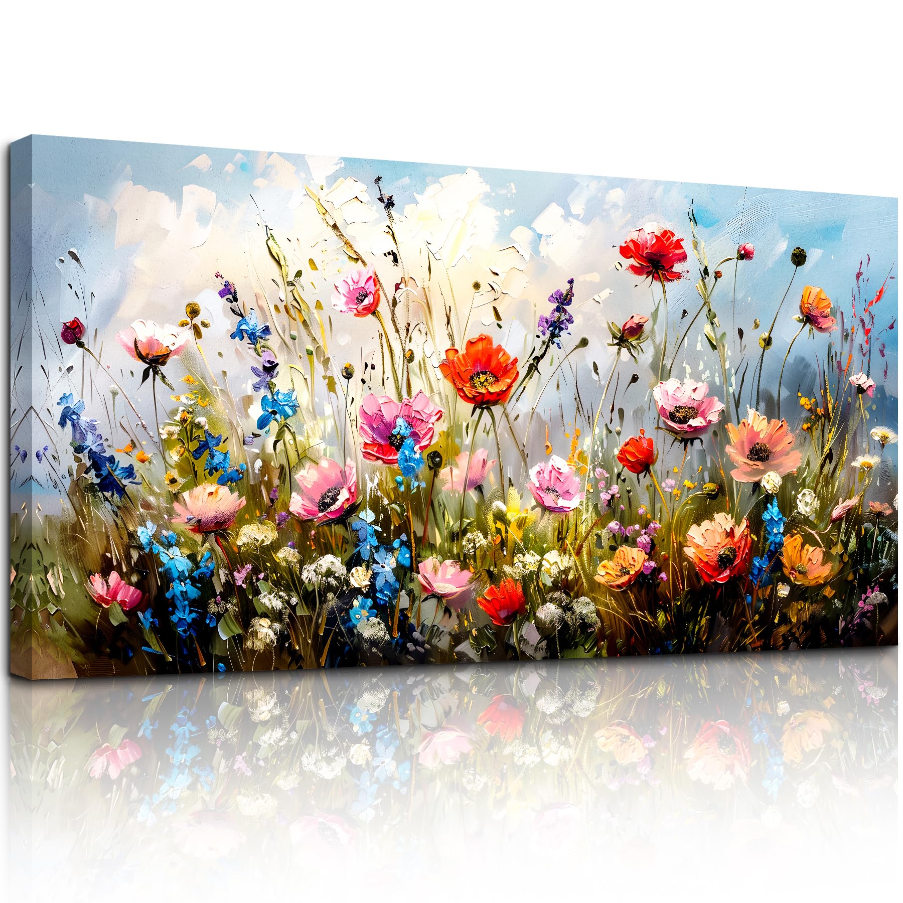 SERIMINO Large Wall Art Prints, Rural Landscape Wall Decor, Meadow Wildflower Canvas Painting, River Cottage Pictures Home Decor Living Room Bedroom, Green Scenery Farmhouse Decor Artwork 20"X40"