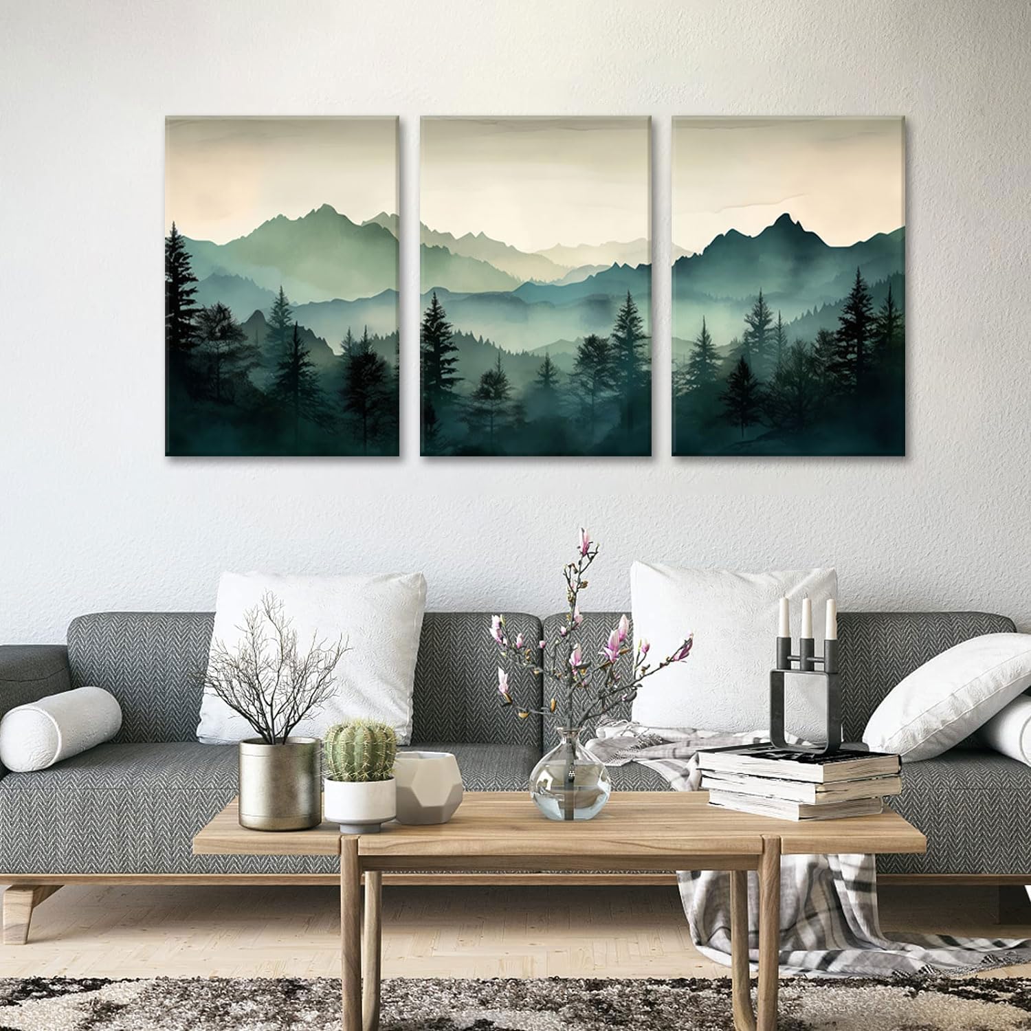 okudolit Framed Mountain Wall Art Set of 3 Sage Green Forest Canvas Prints Nature Landscape Watercolor Pictures Wall Decor Modern Painting for Living Room Bedroom Office 12x16in