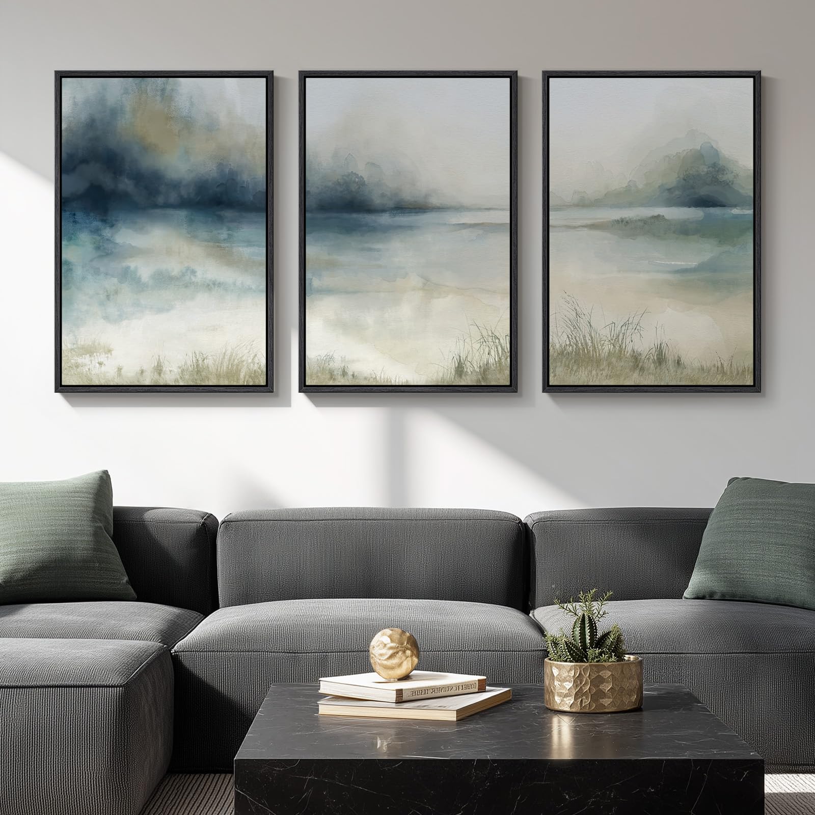 Large Framed Sage Green Abstract Landscape Wall Art for Living Room, 3 Piece Modern Canvas Prints Paintings Artwork for Walls, Nature Rustic Pictures Wall Decor for Bedroom Farmhouse Office 24x36 In