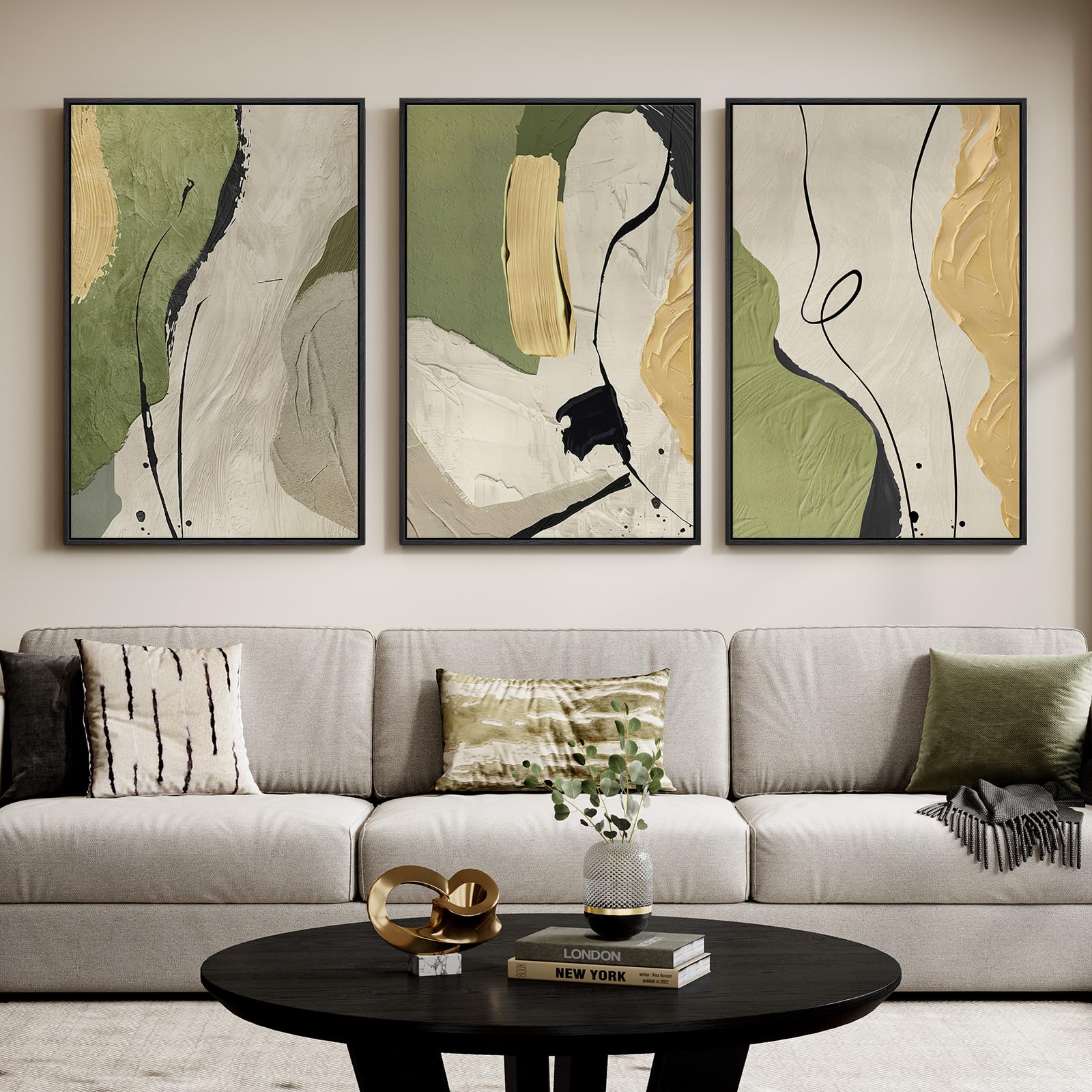 Large Framed Sage Green Abstract Landscape Wall Art for Living Room, 3 Piece Modern Canvas Prints Paintings Artwork for Walls, Nature Rustic Pictures Wall Decor for Bedroom Farmhouse Office 24x36 In