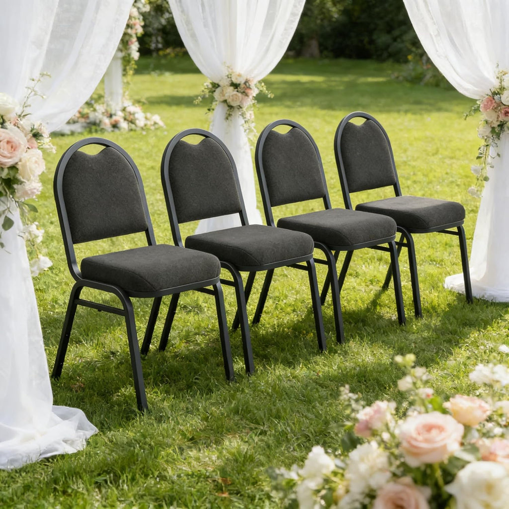 Stackable Banquet Dining Chairs 4 Pack, Upholstered Crown Back Event Chairs with Black Fabric Seat, Heavy Duty Steel Frame, 300 lb Capacity, No Assembly, for Restaurant Wedding Conference