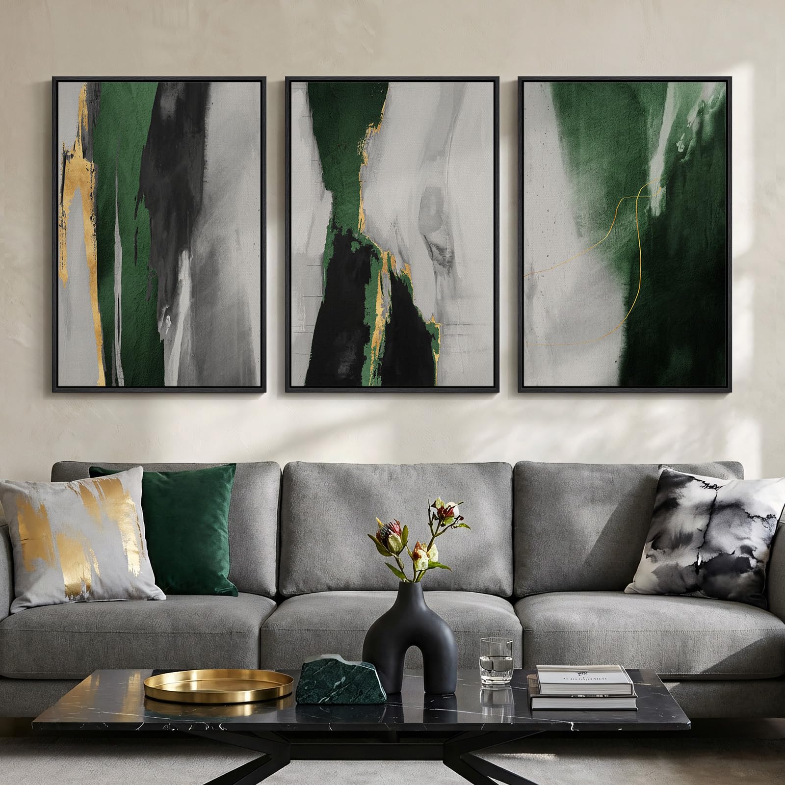 Large Framed Sage Green Abstract Landscape Wall Art for Living Room, 3 Piece Modern Canvas Prints Paintings Artwork for Walls, Nature Rustic Pictures Wall Decor for Bedroom Farmhouse Office 24x36 In