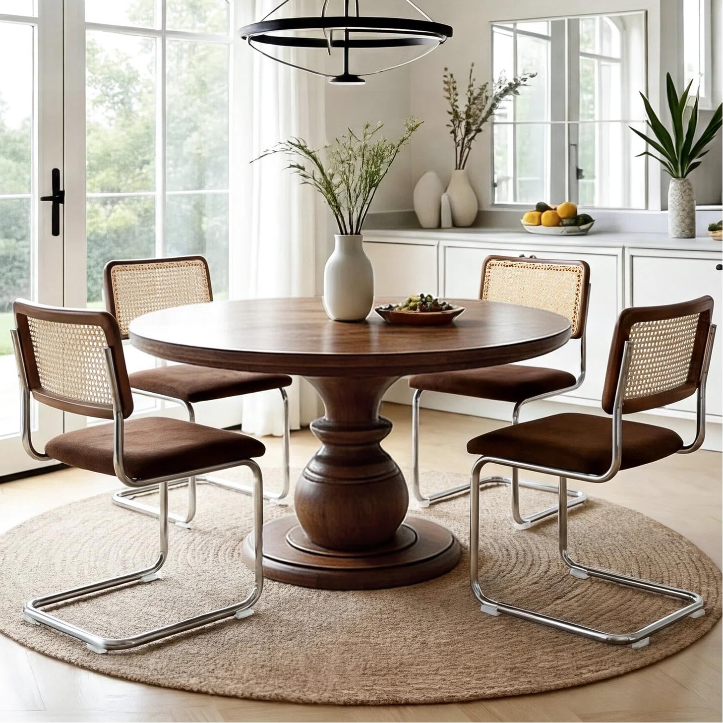 Zesthouse Natural Rattan Dining Chairs Set of 2, Olive Green Modern Kitchen Chairs with Solid Wood Back & Chrome Base, Mid Century Breuer Design Inspired, Upholstered Velvet Fabric