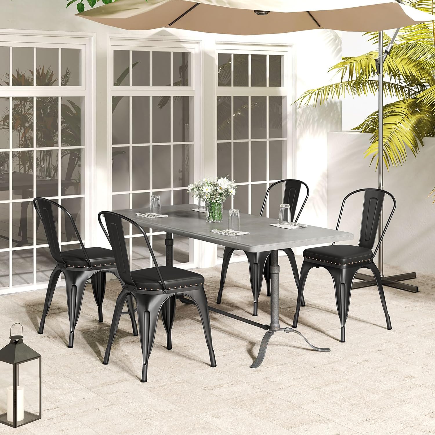 COSTWAY Metal Dining Chairs Set of 4, 18.5 Inch Stackable Industrial Kitchen Tolix Side Chairs with PU Leather Cushions, Detachable High Back for Dining Room, Cafe, Restaurant, Bistro (Black)