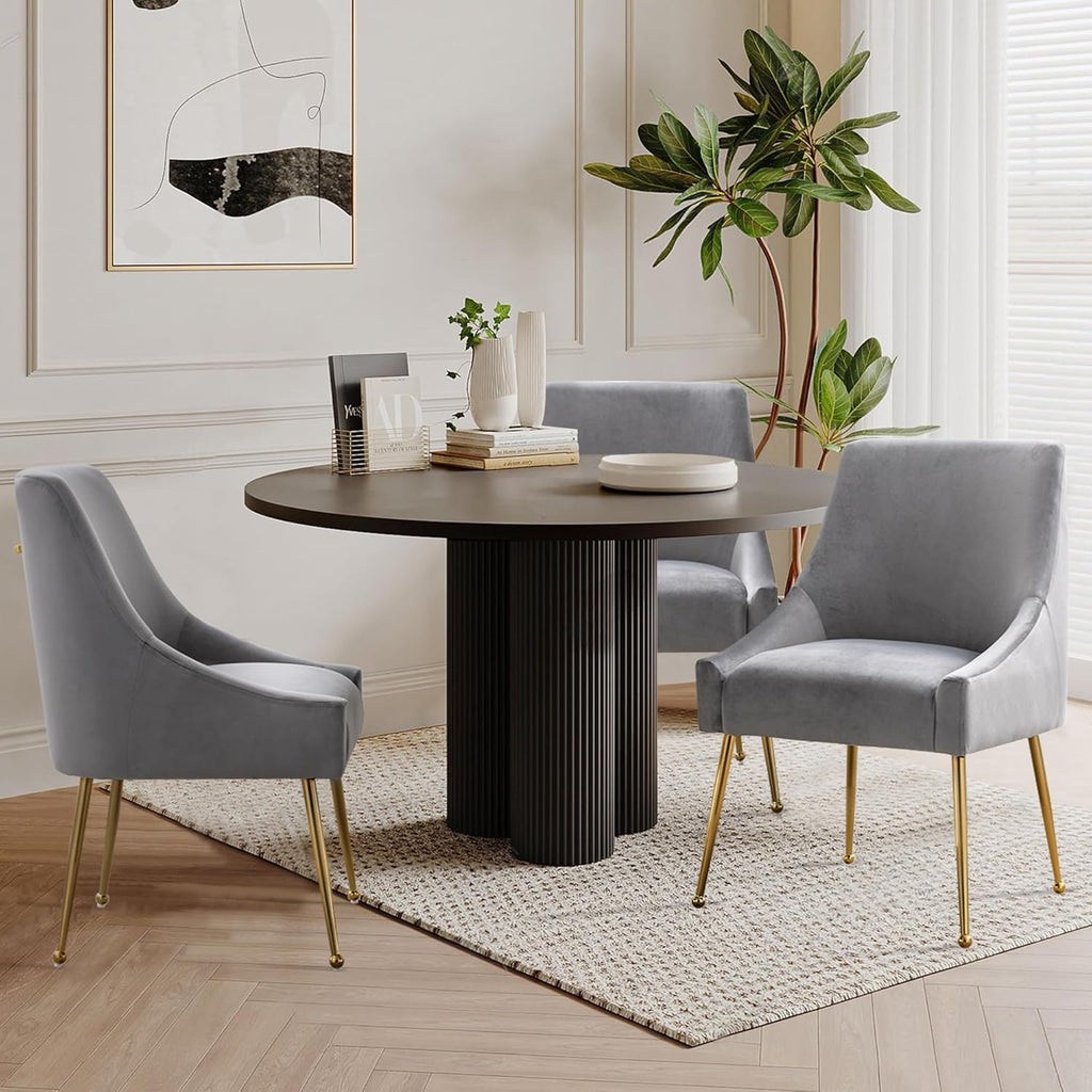 Modern Velvet Dining Chairs Set of 2, Contemporary Upholstered Furniture Collection with Polished Gold Metal Legs, Elegant Accent Chairs for Kitchen Living Room(Grey)