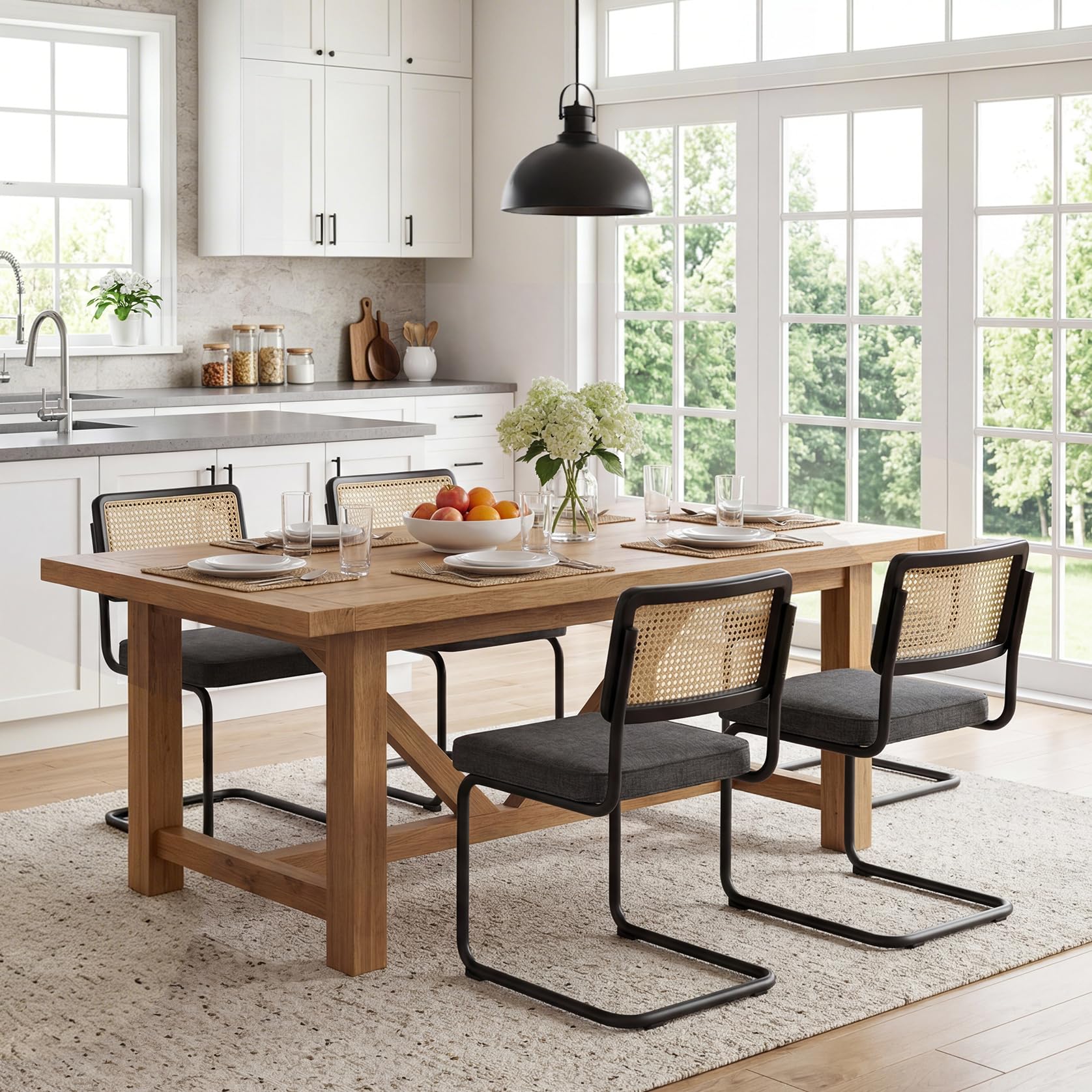 Zesthouse Natural Rattan Dining Chairs Set of 2, Olive Green Modern Kitchen Chairs with Solid Wood Back & Chrome Base, Mid Century Breuer Design Inspired, Upholstered Velvet Fabric