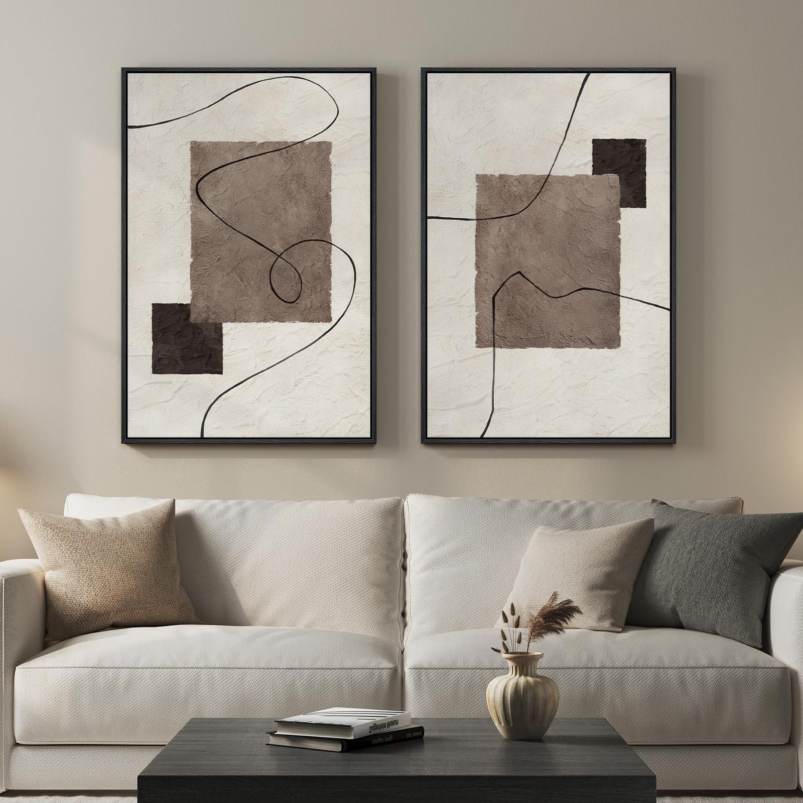 Framed Sage Green Abstract Wall Art for Living Room, Large Set of 2 Abstract Landscape Canvas Artwork for Walls, Minimalist Painting Print for Bedroom Dining Room Office Hallway Wall Decor, 24x36 Inch