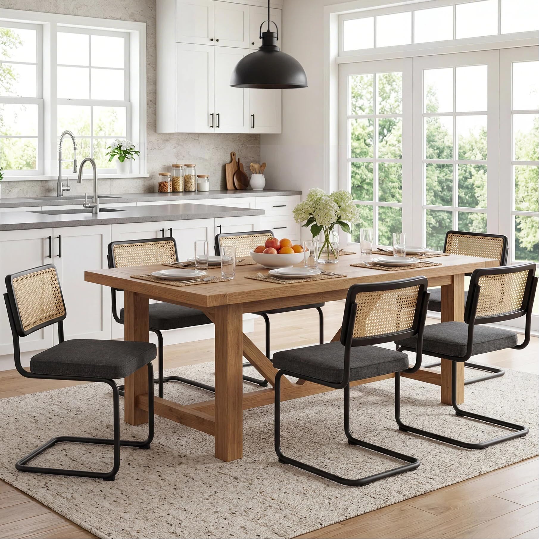 Zesthouse Natural Rattan Dining Chairs Set of 2, Olive Green Modern Kitchen Chairs with Solid Wood Back & Chrome Base, Mid Century Breuer Design Inspired, Upholstered Velvet Fabric
