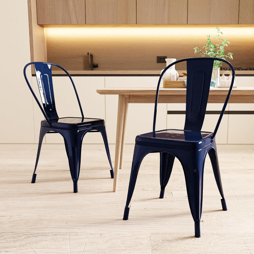 AC Pacific 18 Inch Seat Height Industrial Metal Dining Chairs, Stackable Kitchen or Bar Seat, Durable Modern Design, Versatile Accent Furniture, Set of 2, Dark Blue