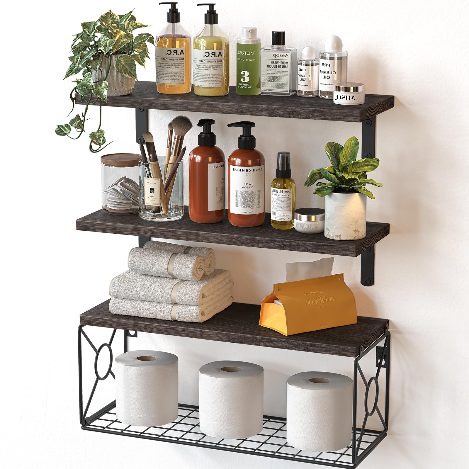 Amada Bathroom Shelves Over Toilet with Storage Basket, Floating Wall Shelf for Home Organization & Wall Decor, Bathroom/Kitchen/Living Room Shelves–Natural Wood