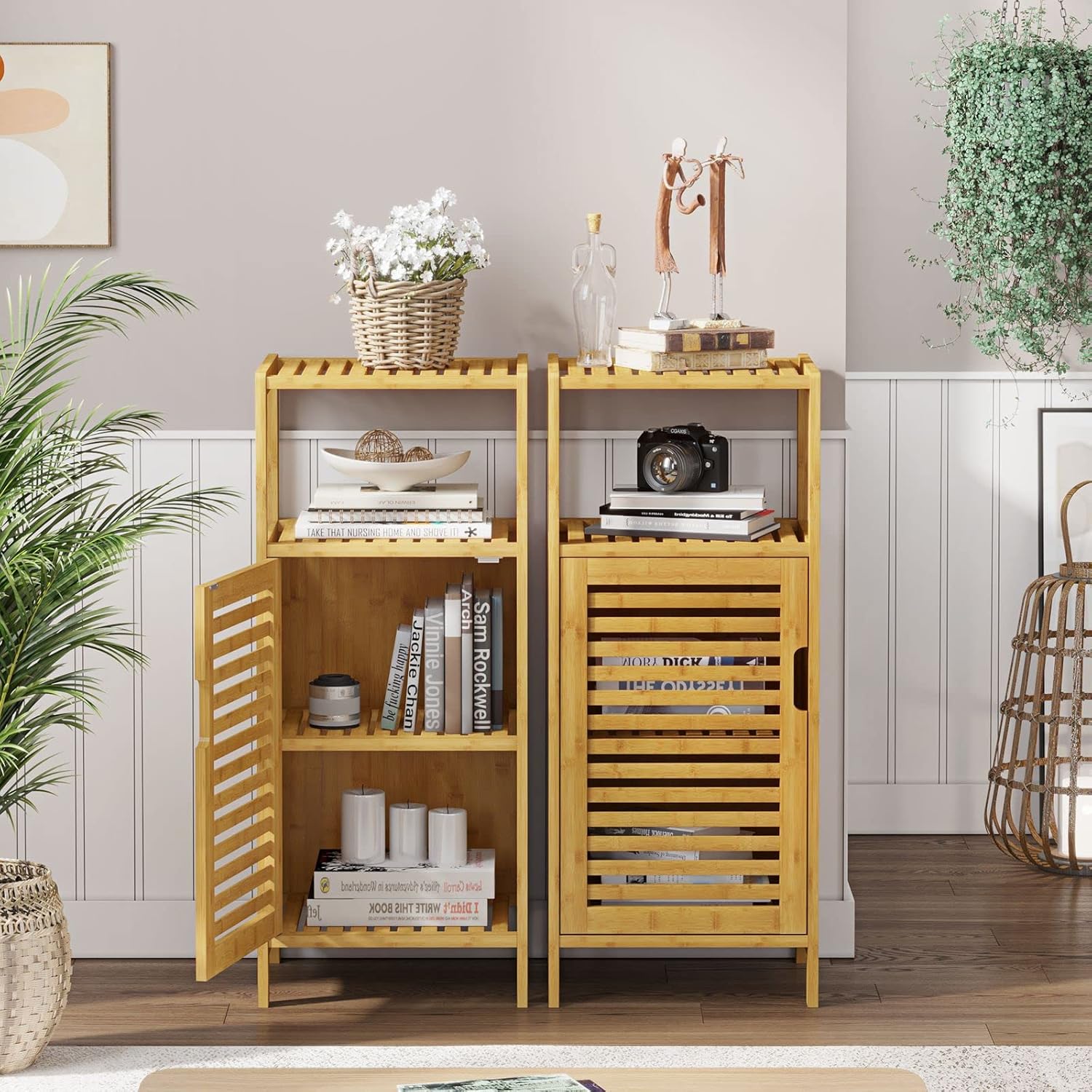 VIAGDO Bamboo Cabinet, Bathroom Storage Cabinet with Single Door and Shelf, Freestanding Bathroom Cabinet, Kitchen Cupboard, Sofa Side Table for Living Room/Hallway/Kitchen