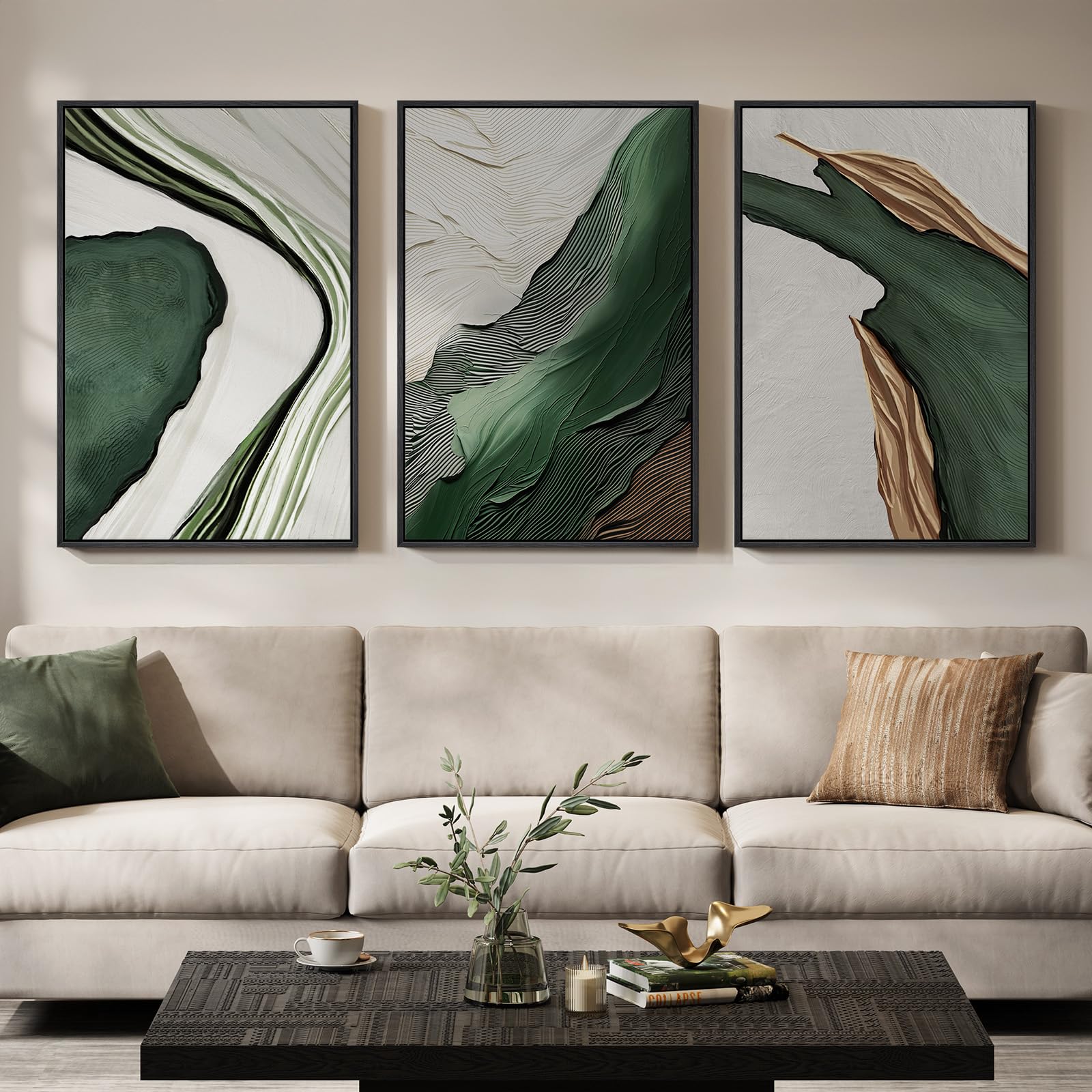 Large Framed Sage Green Abstract Landscape Wall Art for Living Room, 3 Piece Modern Canvas Prints Paintings Artwork for Walls, Nature Rustic Pictures Wall Decor for Bedroom Farmhouse Office 24x36 In