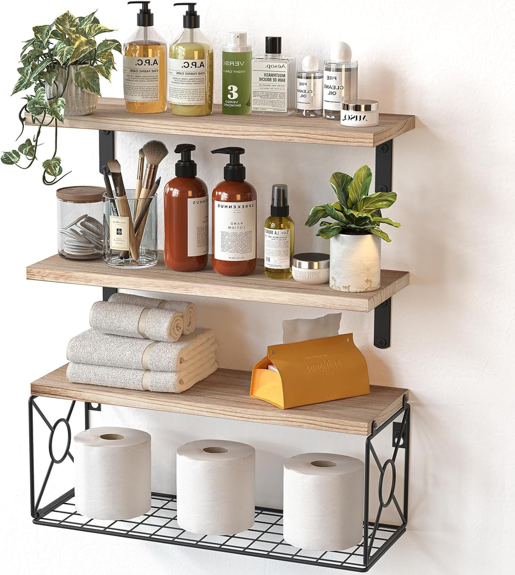 Amada Bathroom Shelves Over Toilet with Storage Basket, Floating Wall Shelf for Home Organization & Wall Decor, Bathroom/Kitchen/Living Room Shelves–Natural Wood