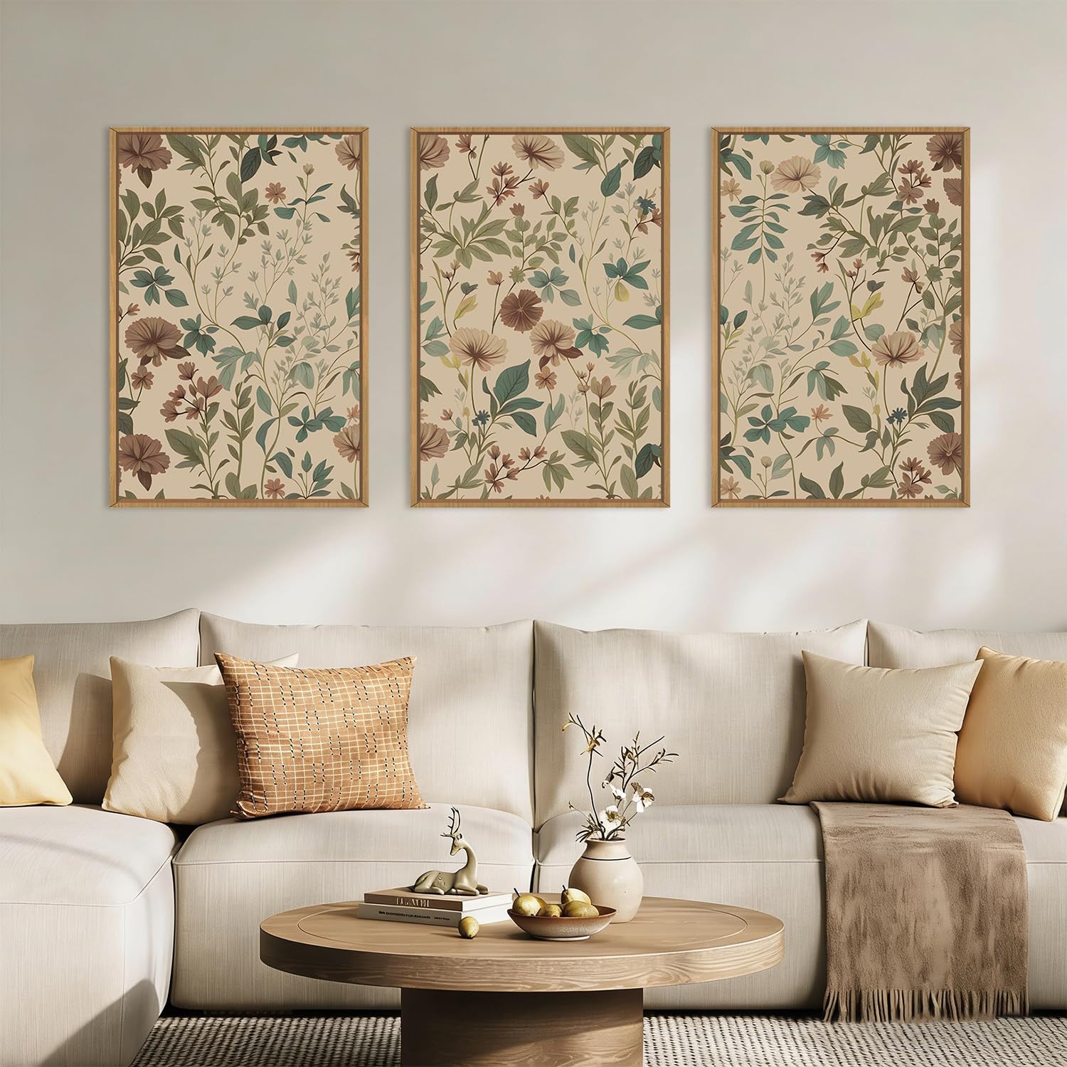 Abstract Natural Landscape Framed Canvas Wall Art Set, Watercolor Tan Green Beige Wall Decor, Minimalist Neutral Modern Scenery Artwork for Living Room, Bedroom,Farmhouse- 40"x20"x1