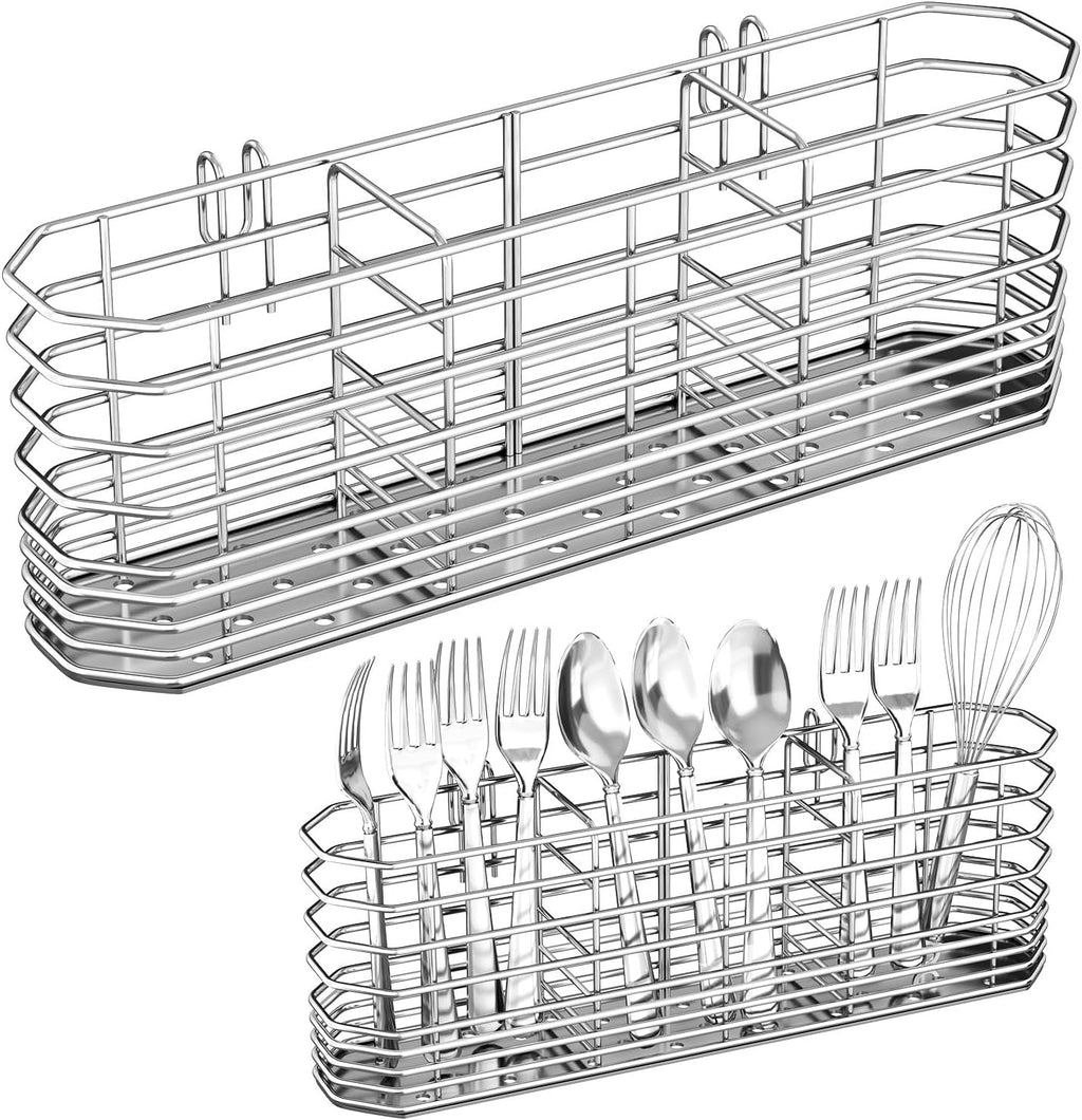 Fanbsy 304 Stainless Steel Utensil Holder, Dish Drying Rack, Kitchen Utensil Organizer, Knife and Fork Drainage Rack, Kitchen Drainage Basket Accessories, with Hooks, Rust Proof