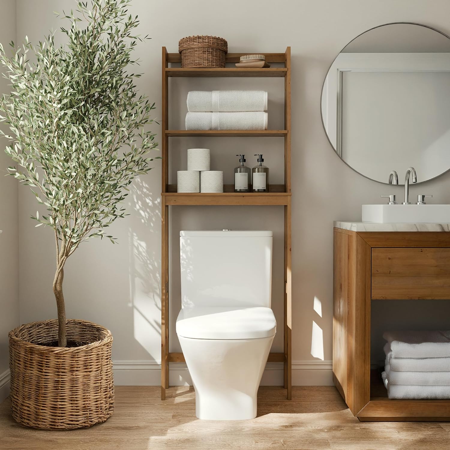 Zenna Home Bamboo Over-The-Toilet Bathroom Spacesaver with 3 Shelves, A-Frame Shelving for Bath, Laundry and Other Household Storage, Natural Finish