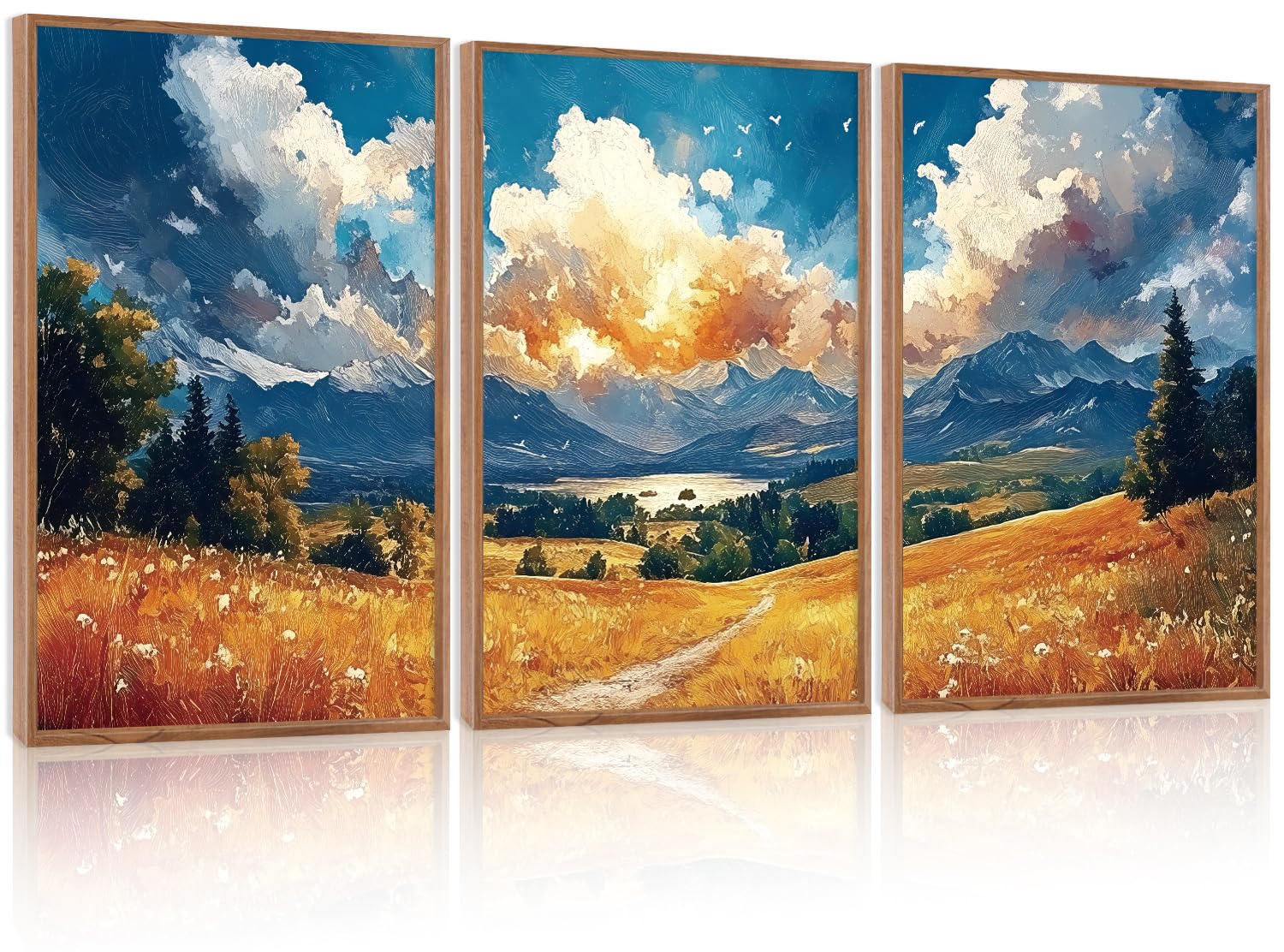 LHIUEM Abstract Mountain Brown Framed Canvas Wall Art,Neutral Watercolor Landscape Wall Decor,Minimalist Grey Beige Lake Artwork for Living Room,Bedroom,Dining Room,Office -20"x40"x1