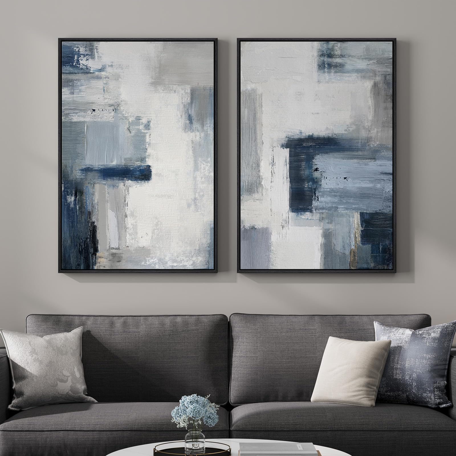 Framed Sage Green Abstract Wall Art for Living Room, Large Set of 2 Abstract Landscape Canvas Artwork for Walls, Minimalist Painting Print for Bedroom Dining Room Office Hallway Wall Decor, 24x36 Inch