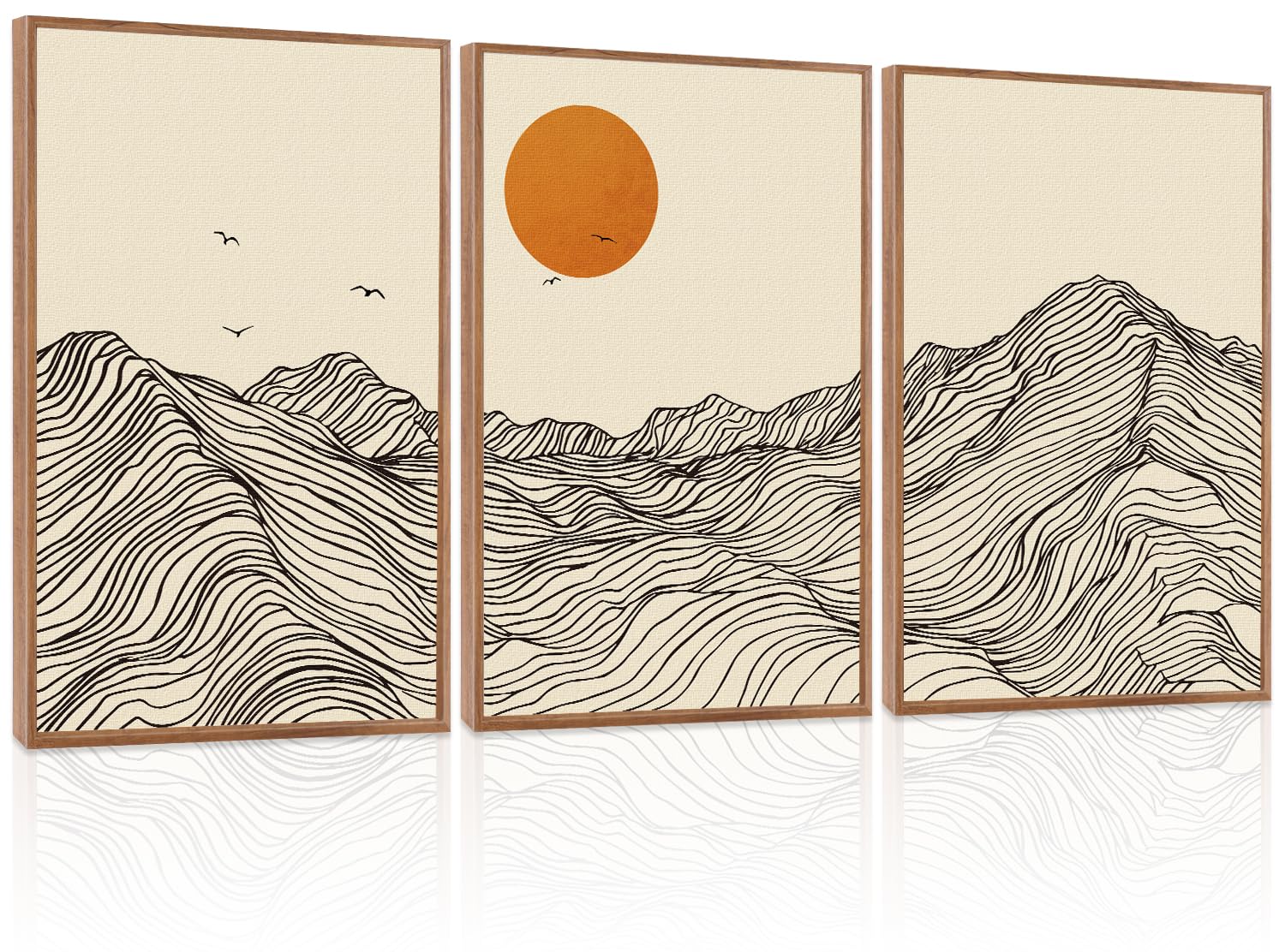 LHIUEM Abstract Mountain Brown Framed Canvas Wall Art,Neutral Watercolor Landscape Wall Decor,Minimalist Grey Beige Lake Artwork for Living Room,Bedroom,Dining Room,Office -20"x40"x1