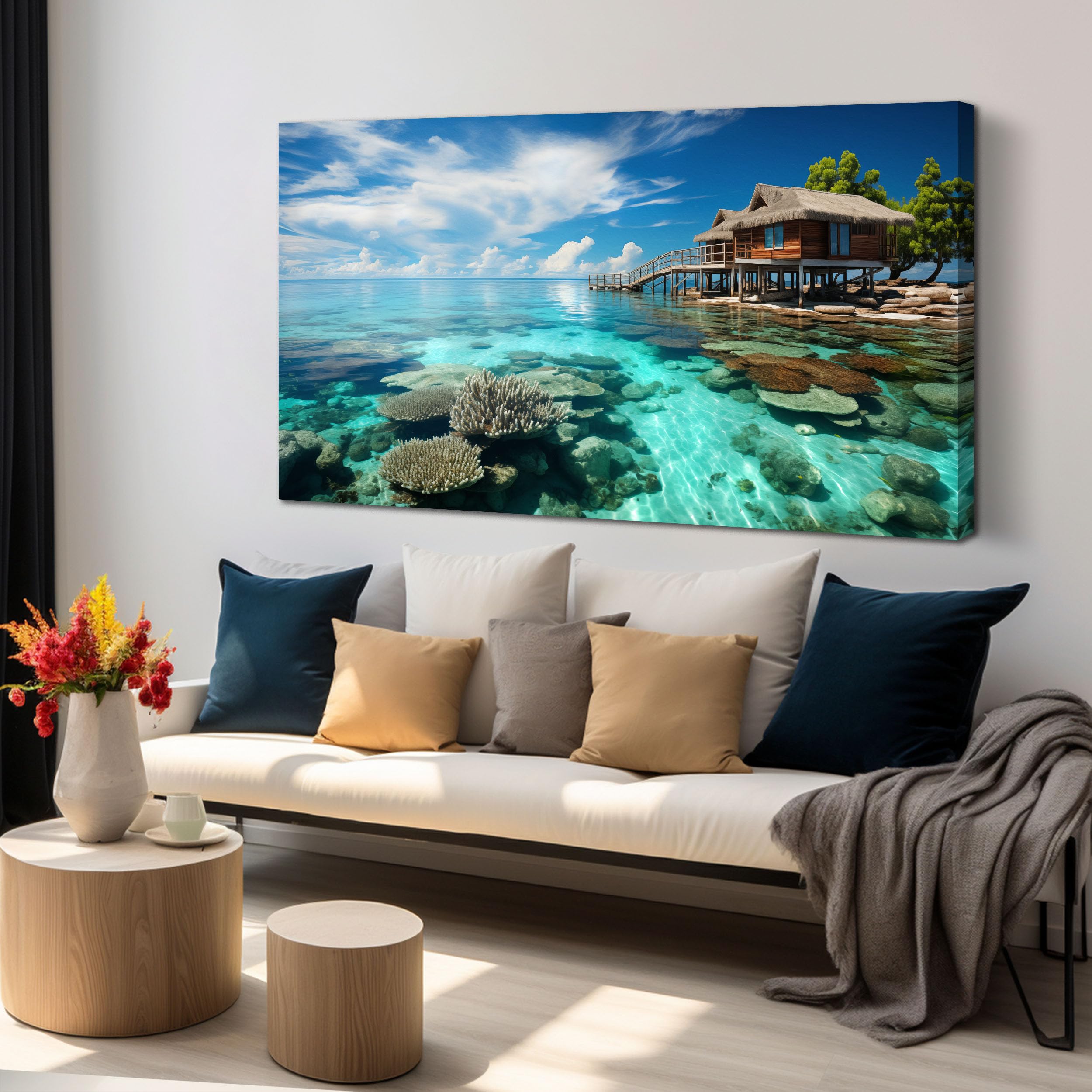 Ocean Scenic Canvas Wall Art, Blue Seascape Wall-Decor Picture , Ocean Scenery Canvas Decoration, Coastal Landscape Print Decorative Artwork for Home living Room Bedroom and Office, Size 40x20 Inches