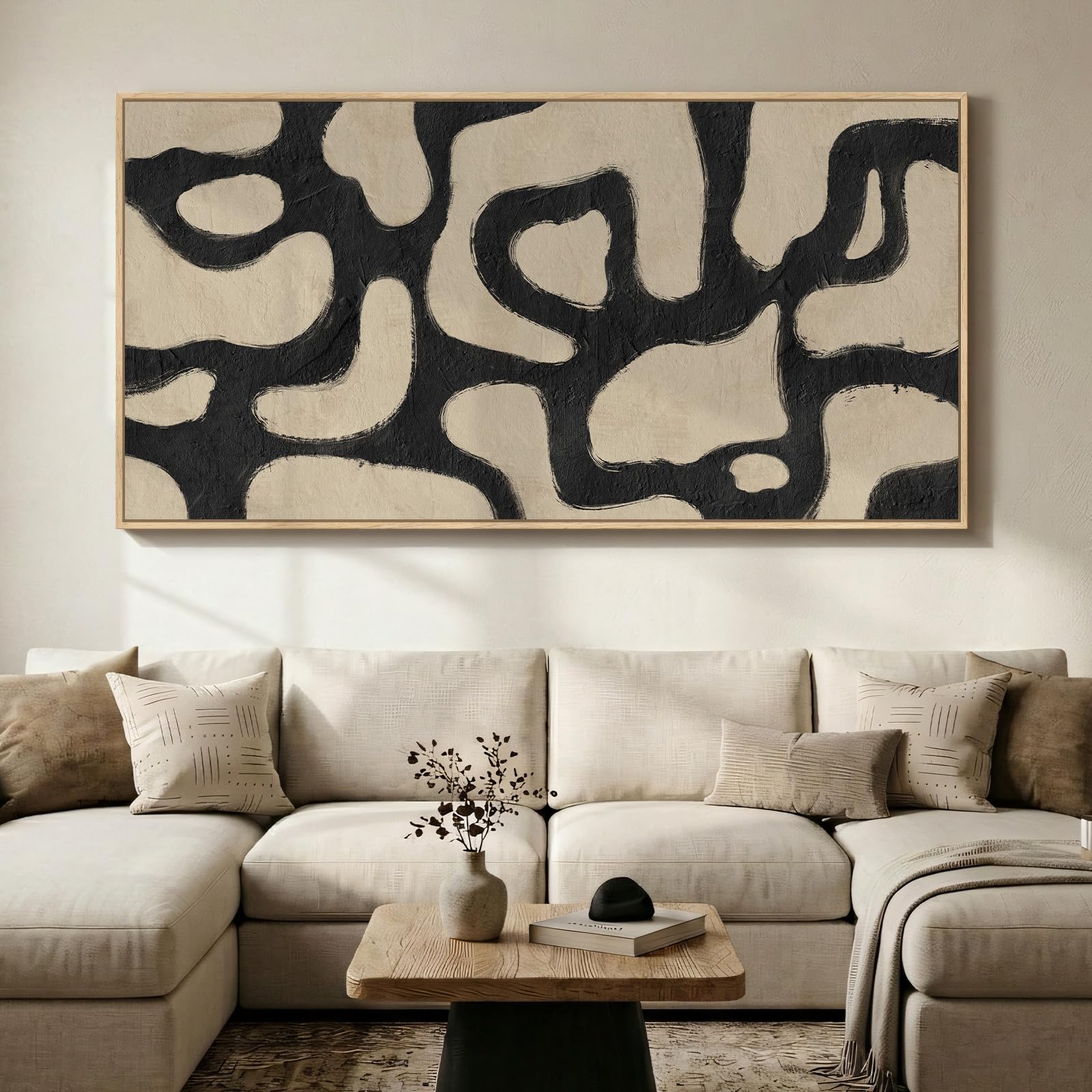 Framed Abstract Landscape Wall Art for Living Room, Extra Large Brown Misty Lake Trees Canvas Artwork for Walls, Horizontal Minimalist Wabi Sabi Painting Print for Bedroom Office Wall Decor, 30x60 In