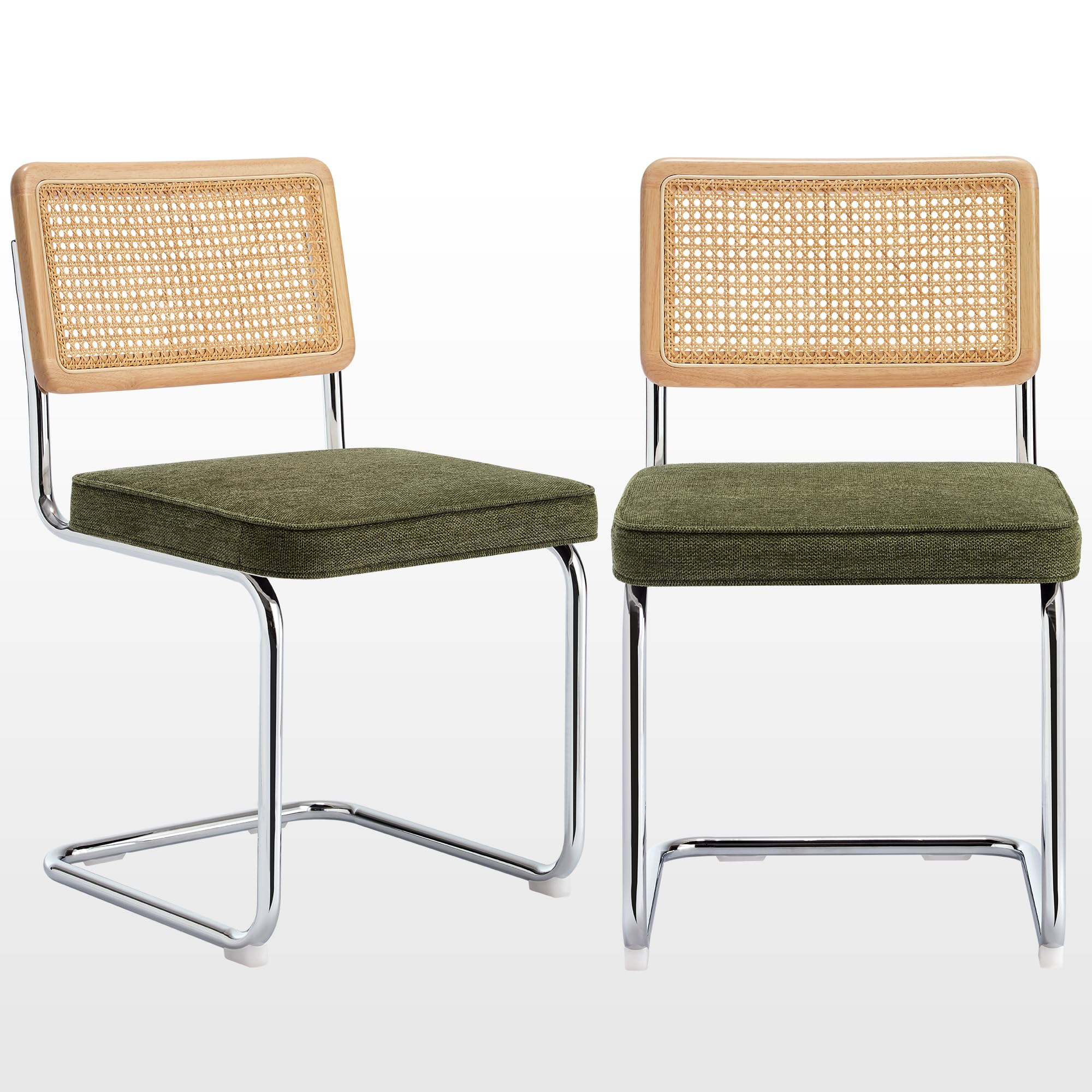 Zesthouse Natural Rattan Dining Chairs Set of 2, Olive Green Modern Kitchen Chairs with Solid Wood Back & Chrome Base, Mid Century Breuer Design Inspired, Upholstered Velvet Fabric