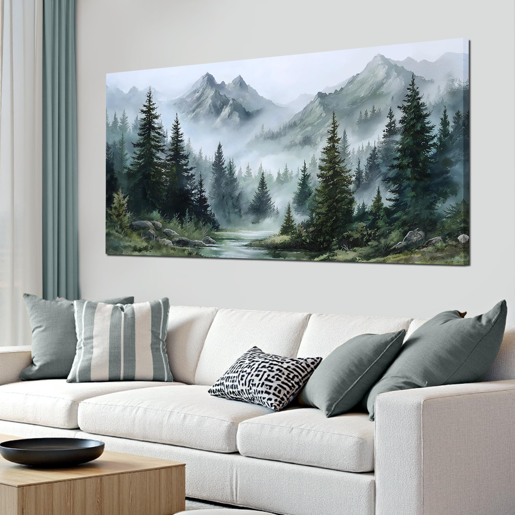 Tarfupth Large Misty Forest Wall Art for Living Room Green Nature Mountain Landscape Canvas Artwork with Trees and River Nature Art for Bedroom Office Home Decor 20x40 Inch