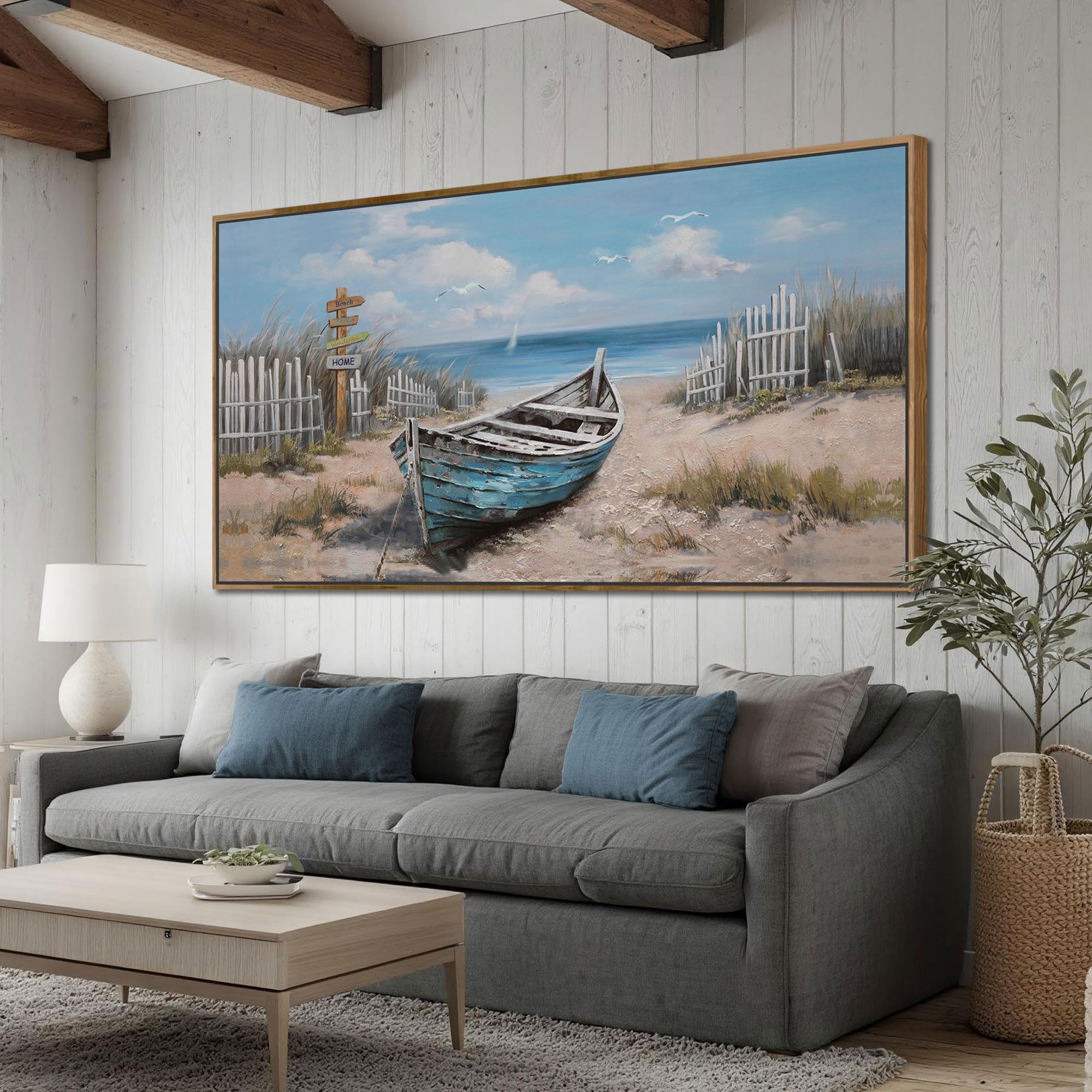Ardemy Framed Lake & Mountain Canvas Wall Art 40"x20", Textured Blue-Green Landscape Painting, Large Nature Picture for Living Room Bedroom Office Decor