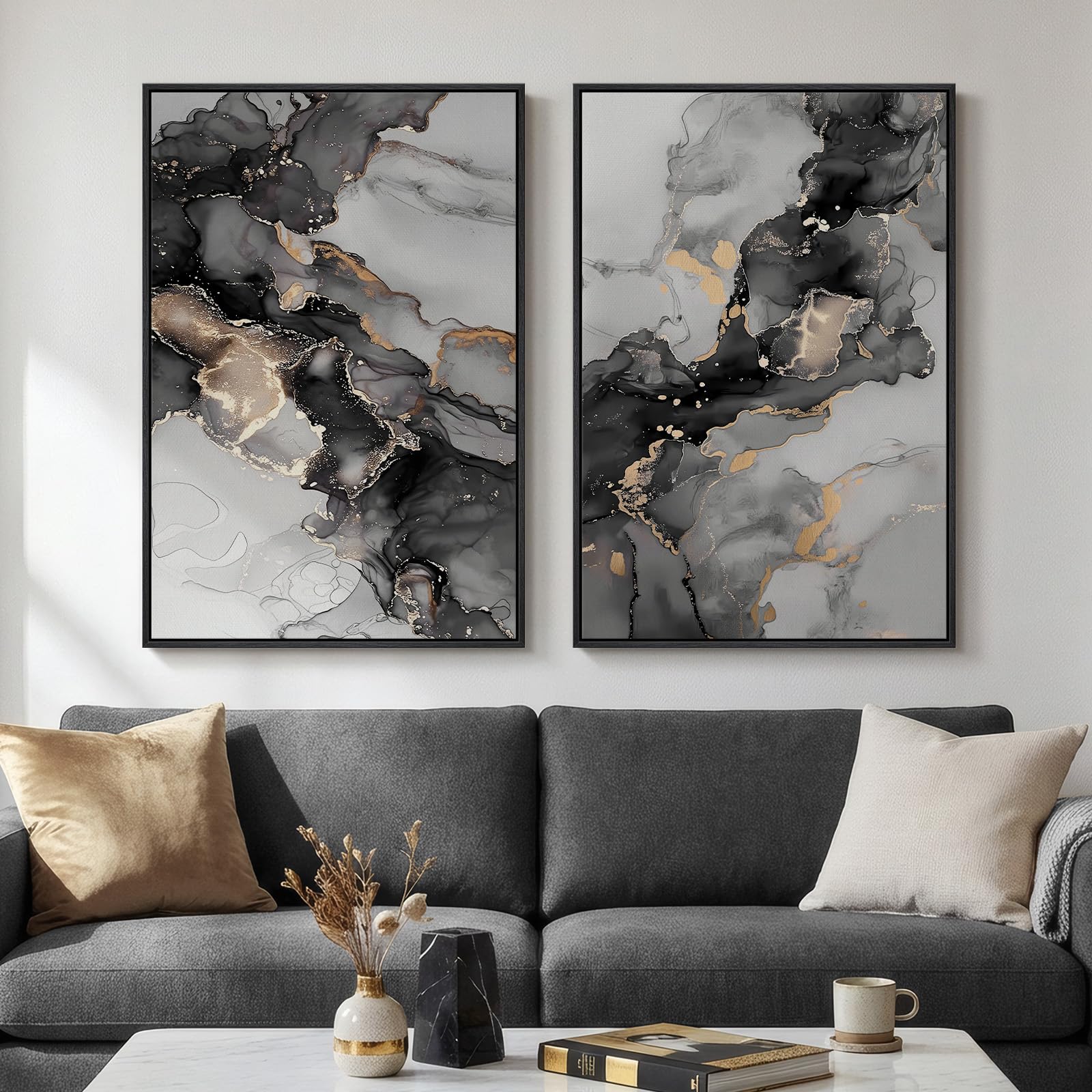 Framed Sage Green Abstract Wall Art for Living Room, Large Set of 2 Abstract Landscape Canvas Artwork for Walls, Minimalist Painting Print for Bedroom Dining Room Office Hallway Wall Decor, 24x36 Inch