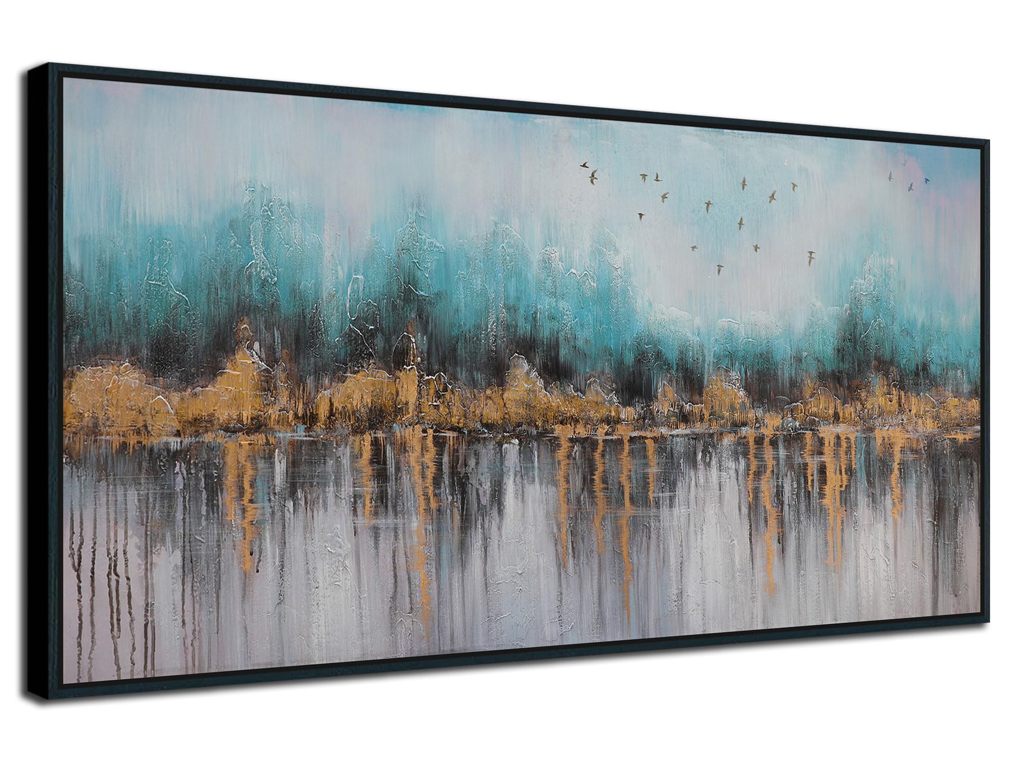 Ardemy Framed Lake & Mountain Canvas Wall Art 40"x20", Textured Blue-Green Landscape Painting, Large Nature Picture for Living Room Bedroom Office Decor