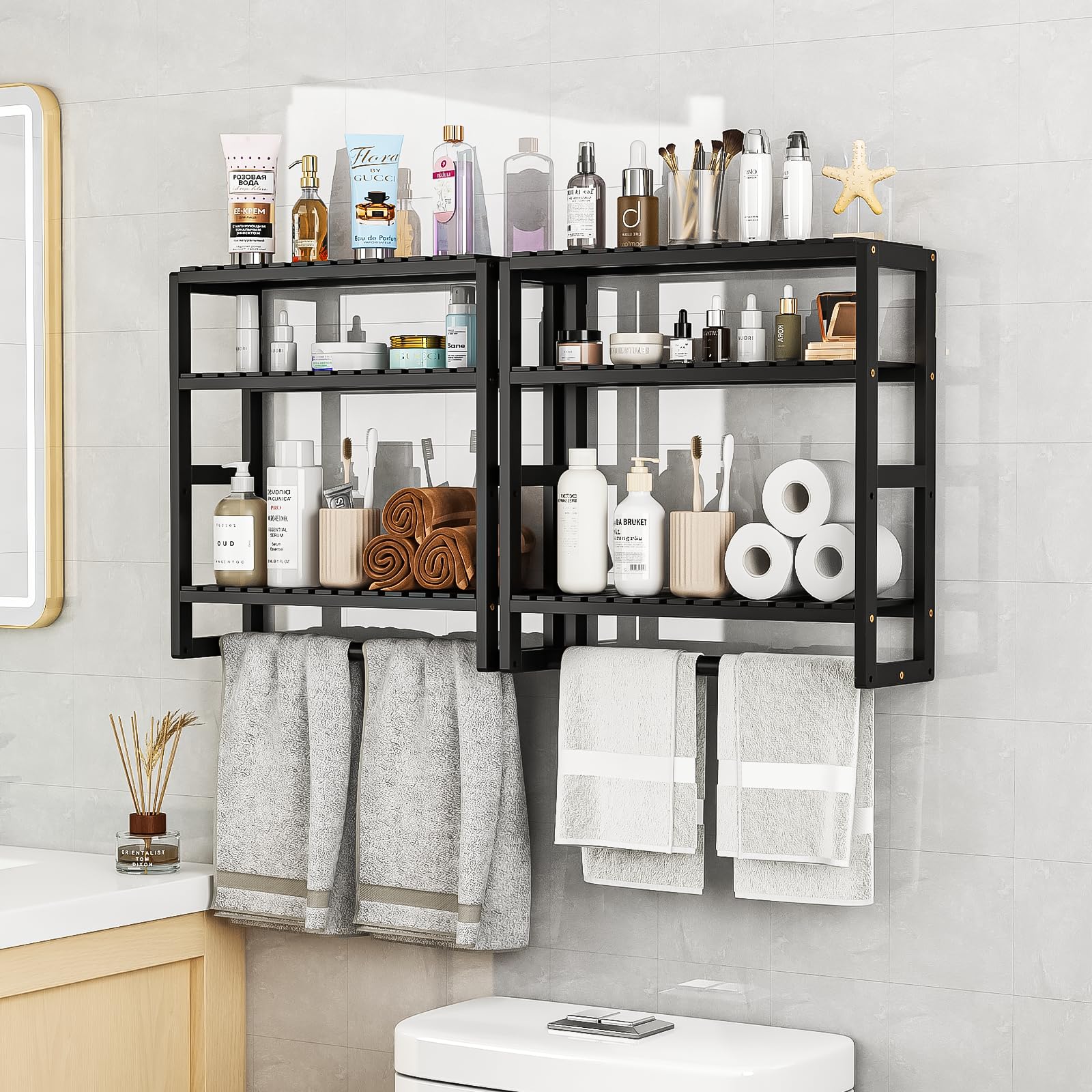 Galood Over The Toilet Storage Bathroom Shelves Wall Mounted 3 Tier Space Saver Corner Shelf Organizer Bamboo Towel Rack Toilet Paper Cabinet with Hanging Rod Yellow