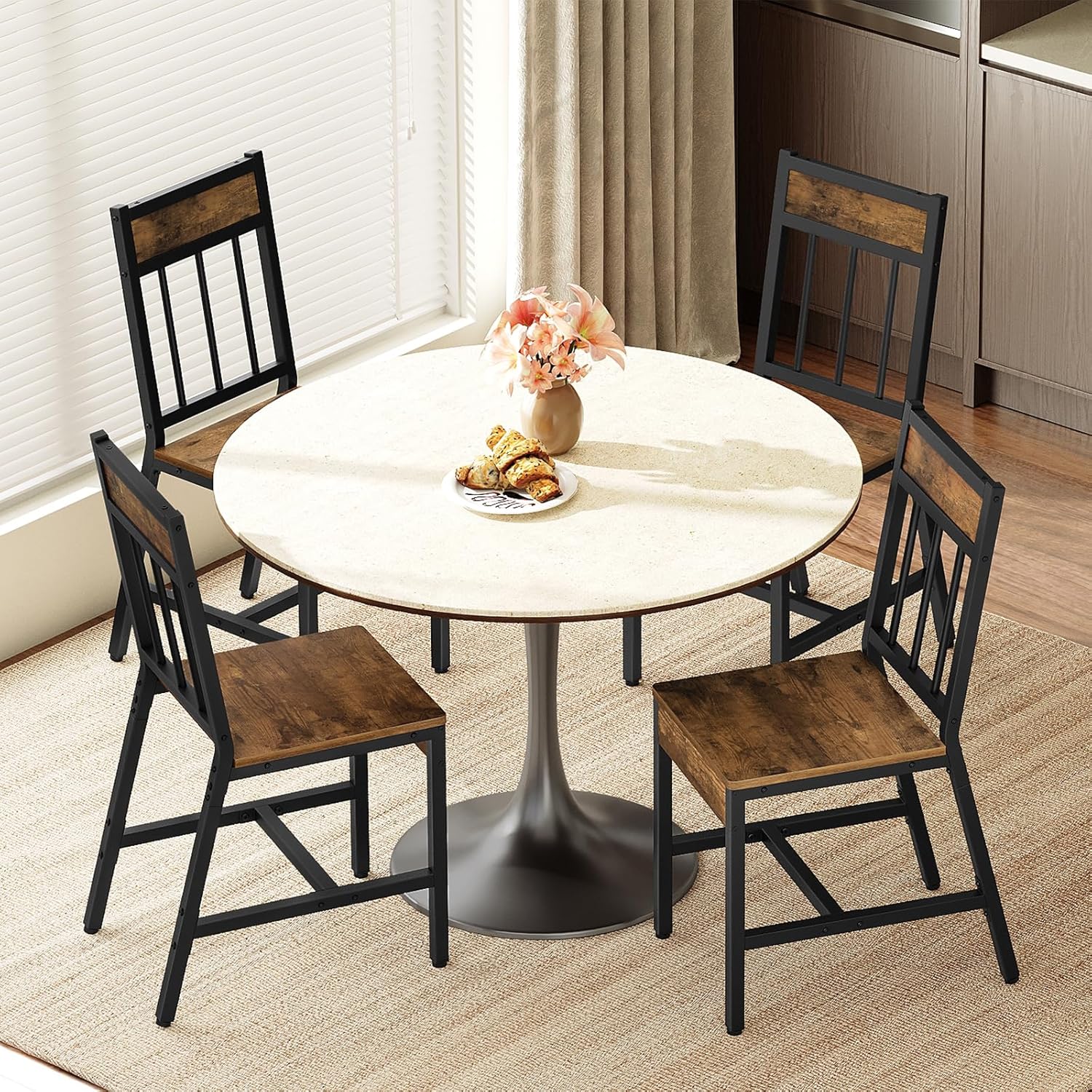 YATINEY Dining Chairs Set of 2, Industrial Kitchen Chairs with Metal Frame, Slanted Back, Wooden Dining Chair Set, for Kitchen, Living Room, Rustic Brown and Black CY03L2BR