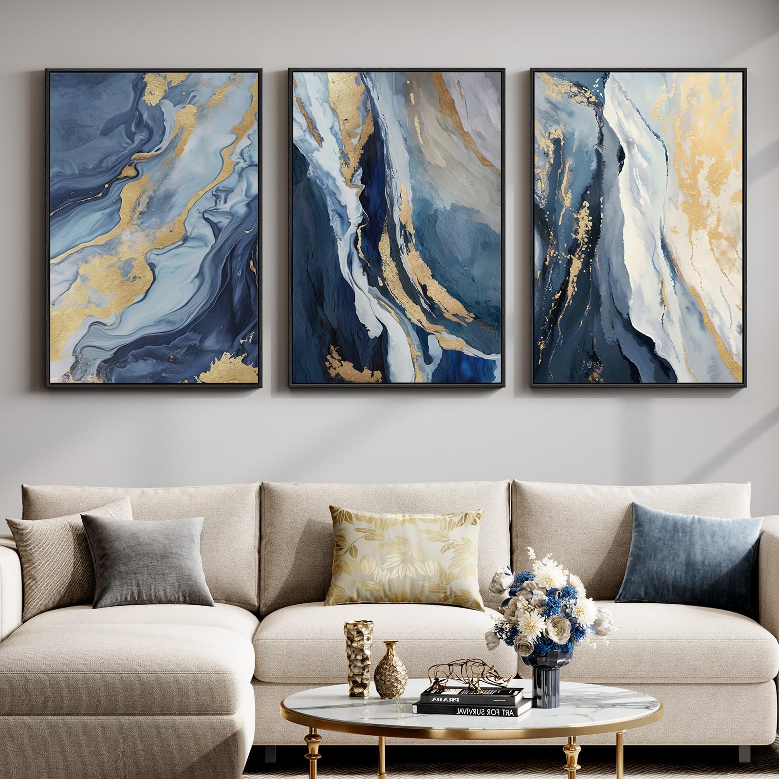 Large Framed Sage Green Abstract Landscape Wall Art for Living Room, 3 Piece Modern Canvas Prints Paintings Artwork for Walls, Nature Rustic Pictures Wall Decor for Bedroom Farmhouse Office 24x36 In