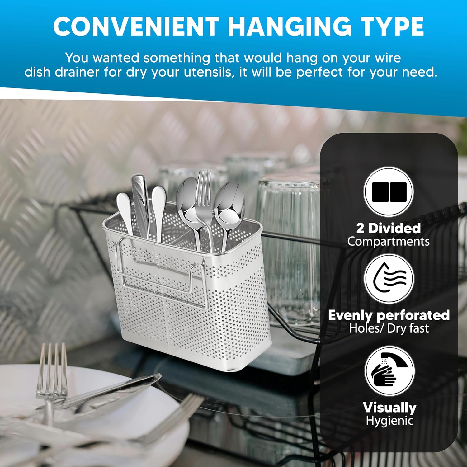 HOME&I Silverware Drying Basket, Hanging Rectangular Utensil Holder with 2 Compartments, Stainless Steel 304 Cutlery Caddy for Dish Rack, Kitchen Sink & Countertop