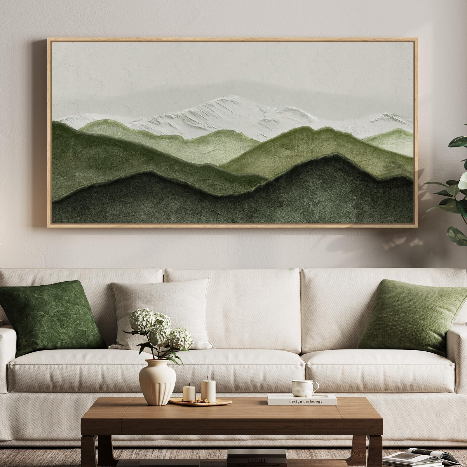 Framed Abstract Landscape Wall Art for Living Room, Extra Large Brown Misty Lake Trees Canvas Artwork for Walls, Horizontal Minimalist Wabi Sabi Painting Print for Bedroom Office Wall Decor, 30x60 In