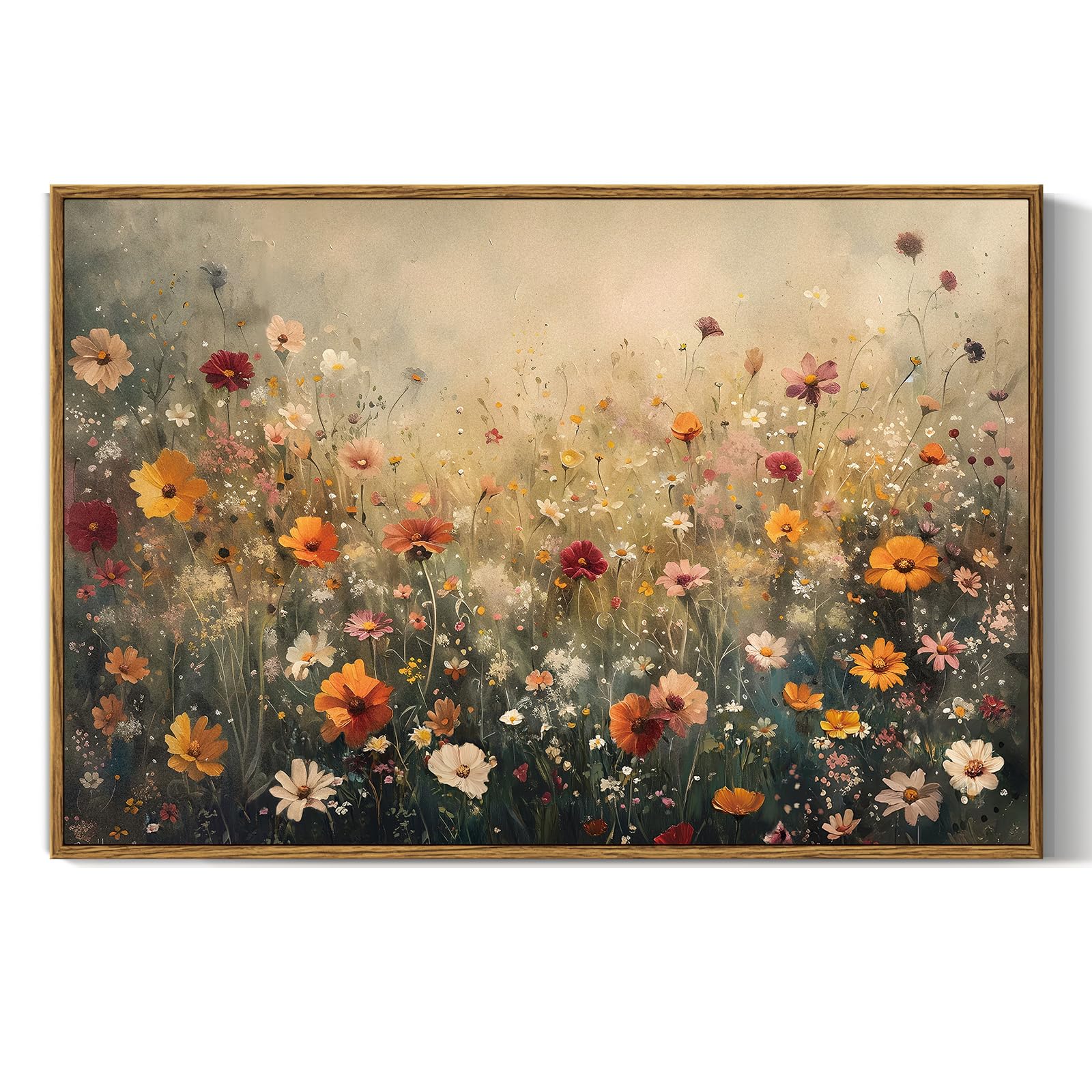 InSimSea Framed Canvas Wall Art Vintage Decor, Landscape Wall Art, Meadow with Flowers Art, Modern Farmhouse Decor, Cottagecore Bedroom Bathroom Office Decorations, 24"x36"