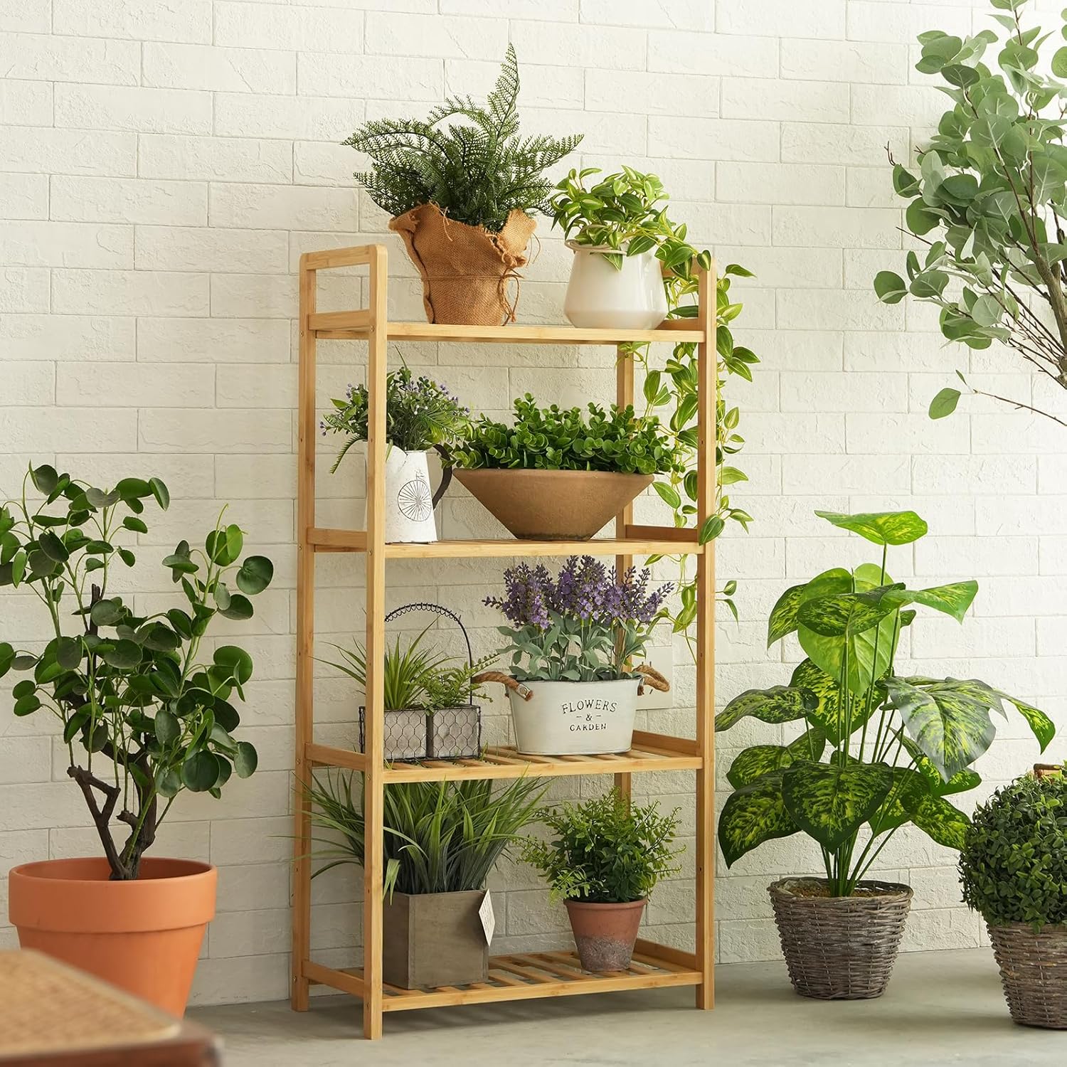 Bamboo Bathroom Shelf Organizer, 4 Tier Wooden Bathroom Rack with Adjustable Shelves, Free Standing Shelving Unit Open Bookcase Plant Shelf Indoor, 39" Storage Shelves for Kitchen Living Room