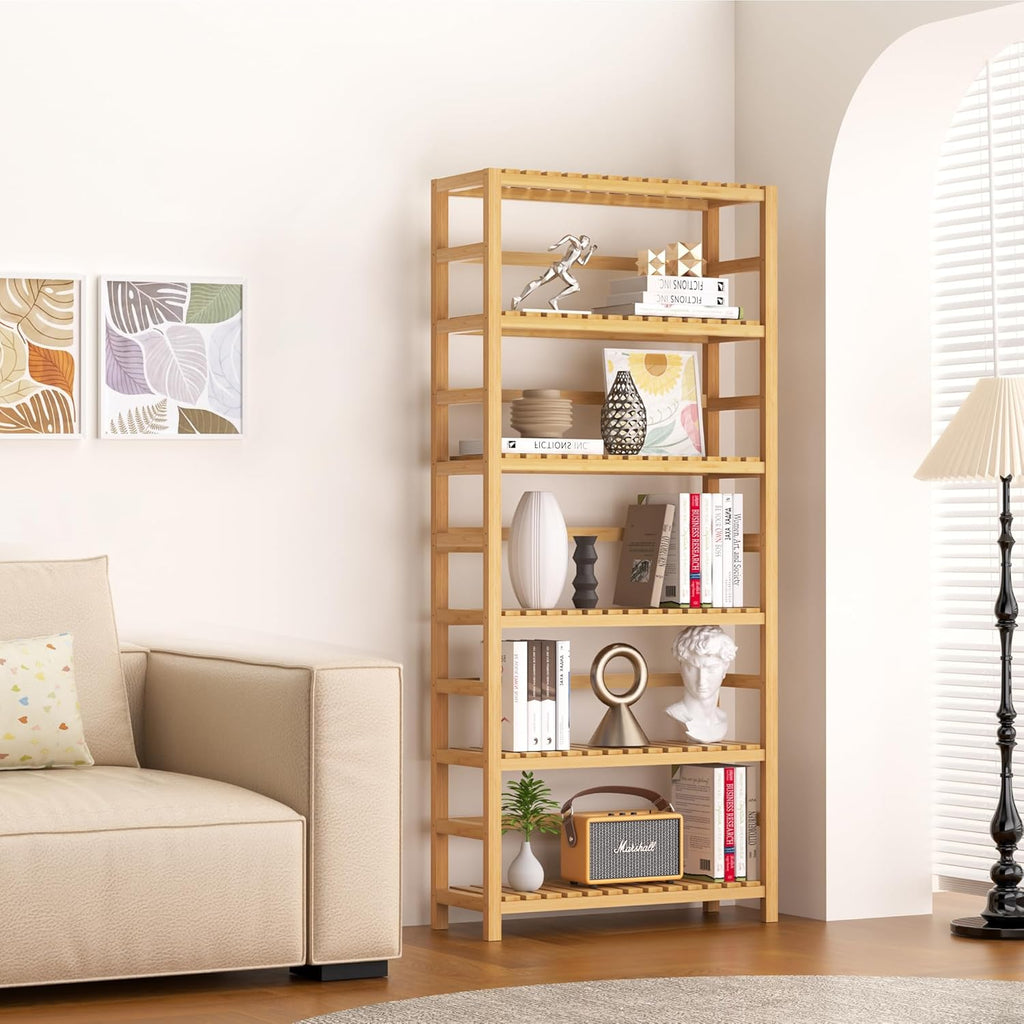 VASMIA 6-Tier Bamboo Shelf,Bamboo Storage Shelving Unit,Tall Bookcase with Adjustable Shelves,Multipurpose Storage Display Shelf for Bathroom, Living