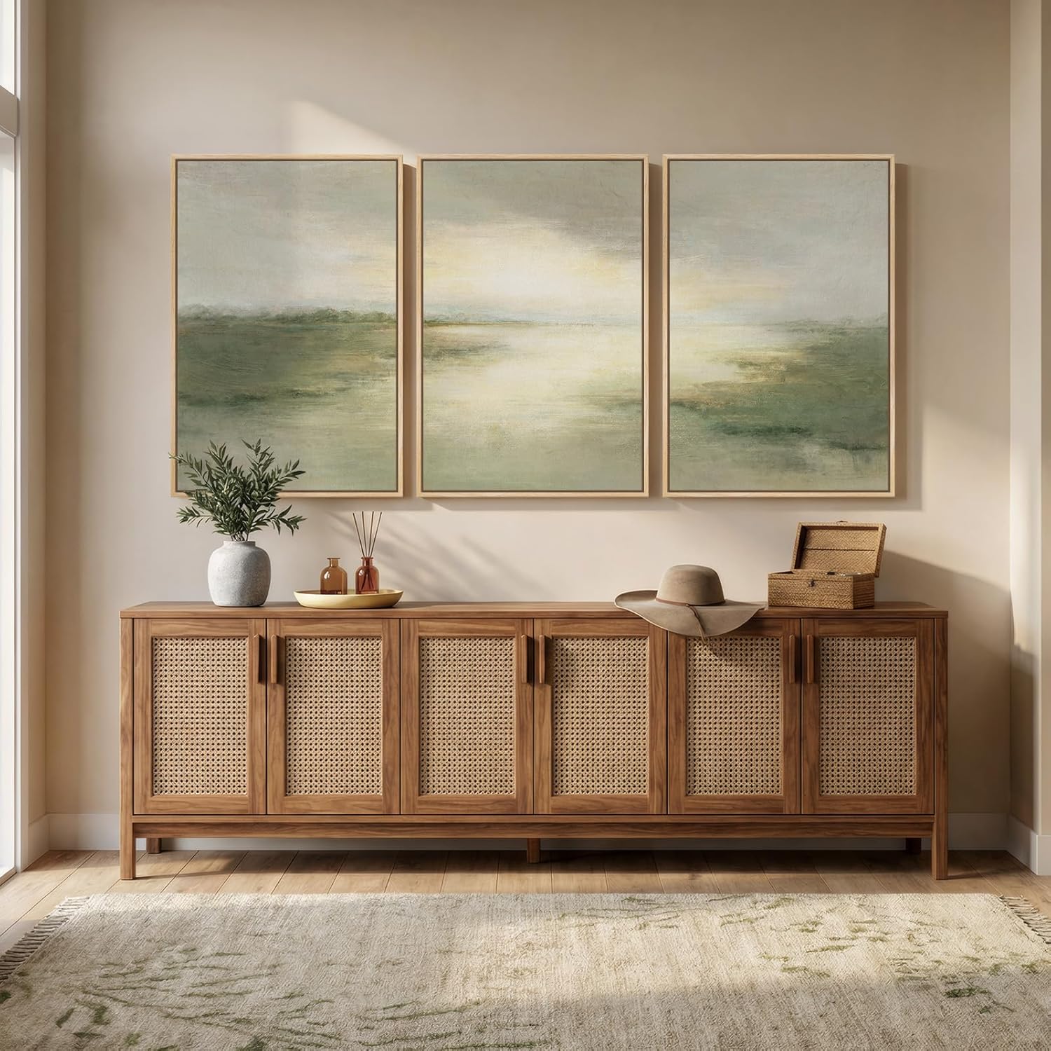 Large Framed Sage Green Abstract Landscape Wall Art for Living Room, 3 Piece Modern Canvas Prints Paintings Artwork for Walls, Nature Rustic Pictures Wall Decor for Bedroom Farmhouse Office 24x36 In