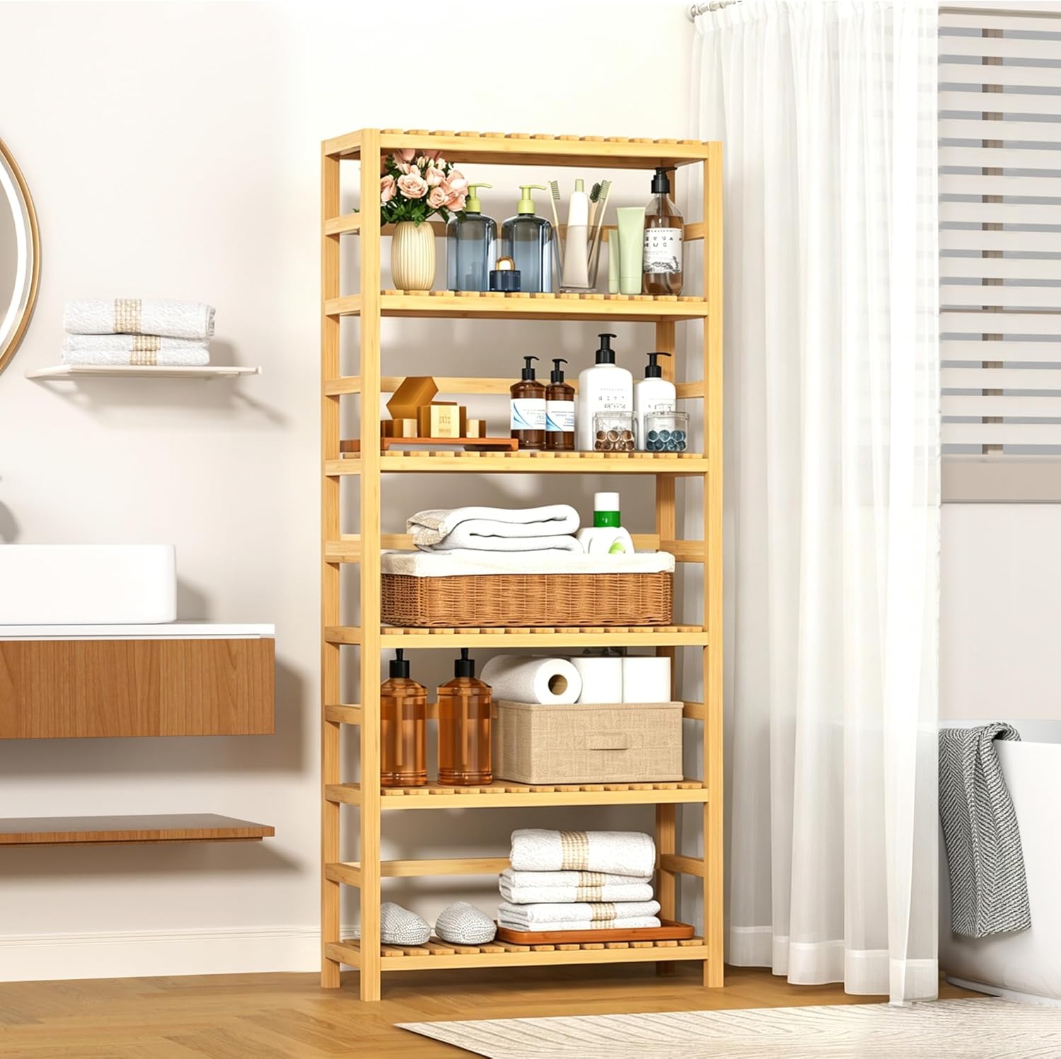 VASMIA 6-Tier Bamboo Shelf,Bamboo Storage Shelving Unit,Tall Bookcase with Adjustable Shelves,Multipurpose Storage Display Shelf for Bathroom, Living