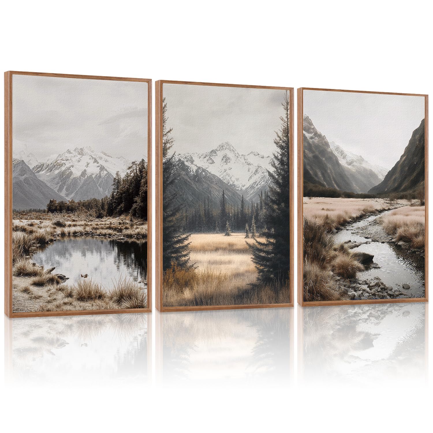 LHIUEM Abstract Mountain Brown Framed Canvas Wall Art,Neutral Watercolor Landscape Wall Decor,Minimalist Grey Beige Lake Artwork for Living Room,Bedroom,Dining Room,Office -20"x40"x1