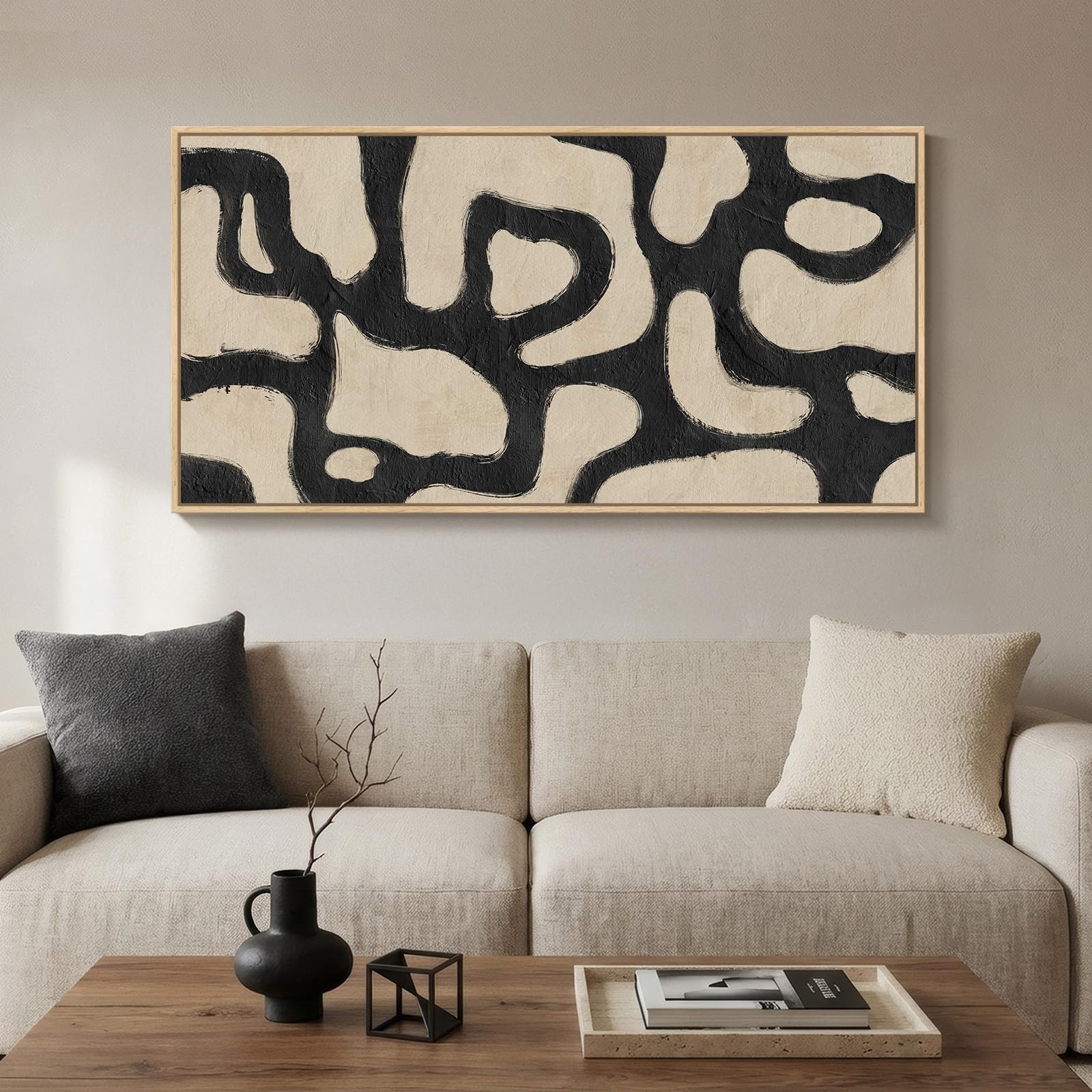 Framed Abstract Landscape Wall Art for Living Room, Extra Large Brown Misty Lake Trees Canvas Artwork for Walls, Horizontal Minimalist Wabi Sabi Painting Print for Bedroom Office Wall Decor, 30x60 In