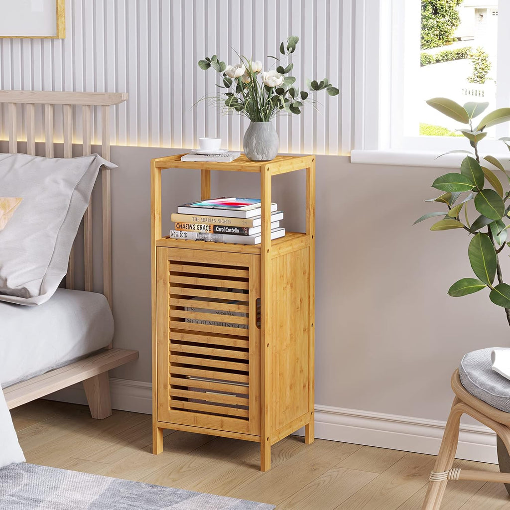 VIAGDO Bamboo Cabinet, Bathroom Storage Cabinet with Single Door and Shelf, Freestanding Bathroom Cabinet, Kitchen Cupboard, Sofa Side Table for Living Room/Hallway/Kitchen
