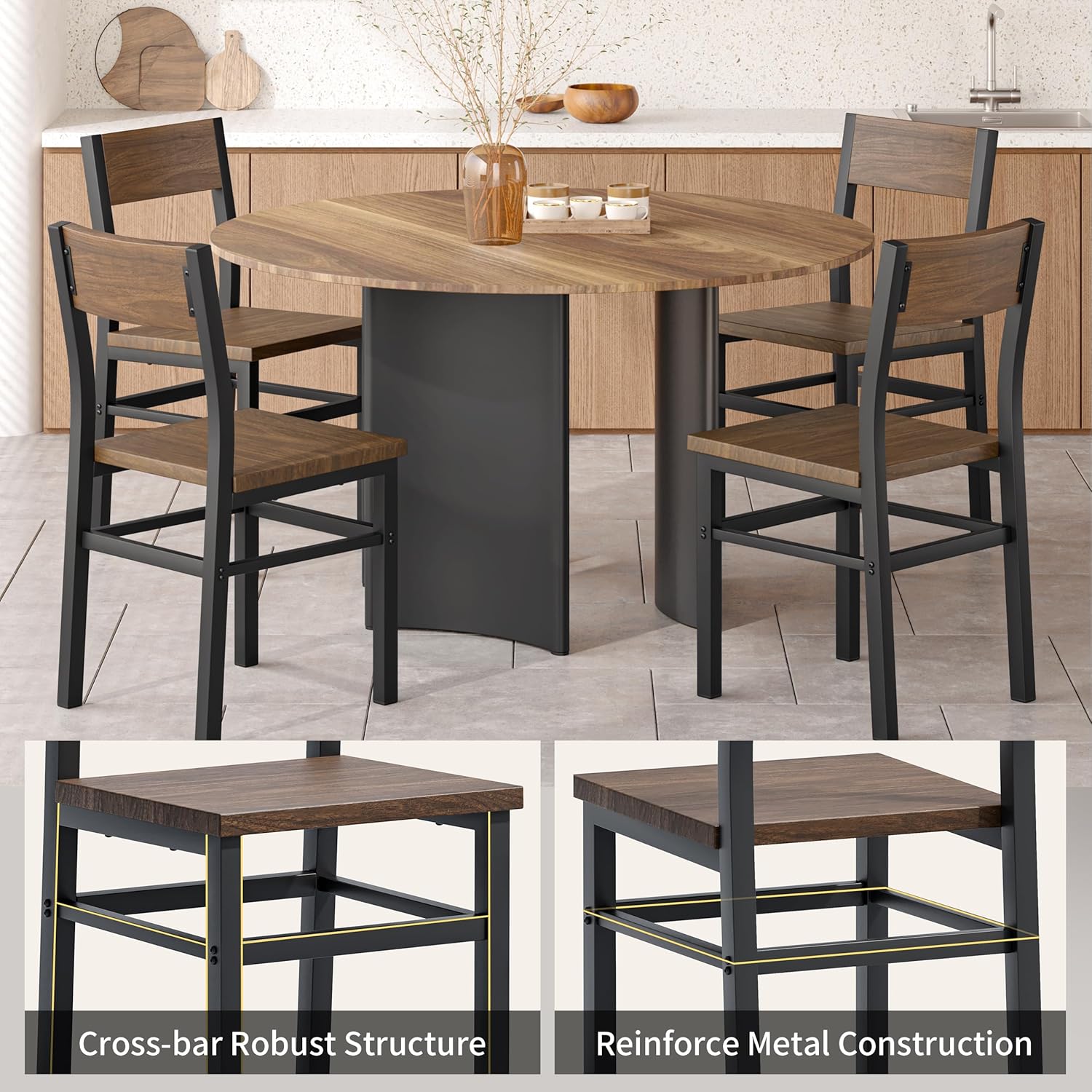 MECHYIN Dining Chairs Set of 4, Rustic Wood Dining Room Chairs with Thickened and Strengthened Metal Steel Frame & Slat Back, Modern Farmhouse Chair for Kitchen, Dining Room (4, Nut-Brown)