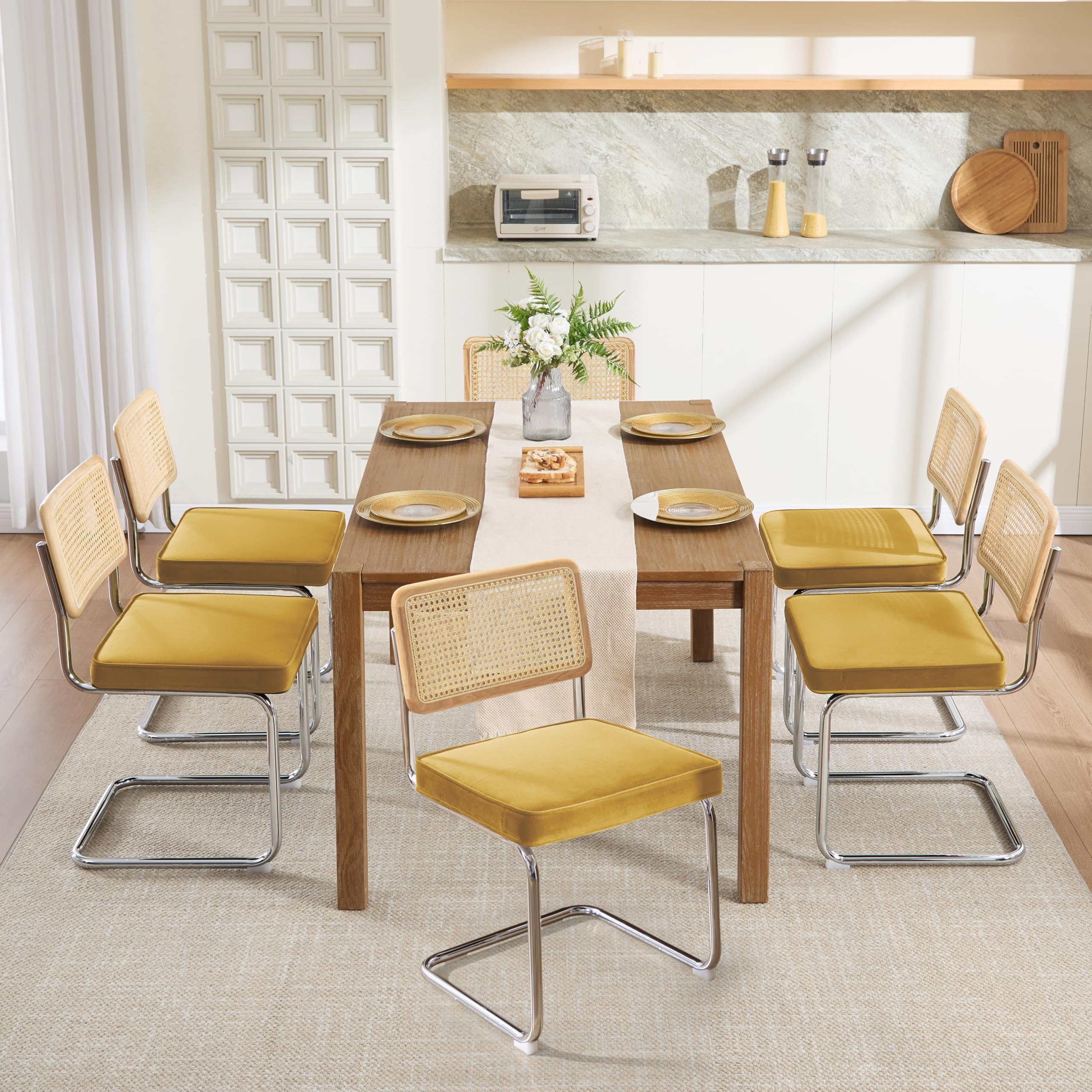 Zesthouse Natural Rattan Dining Chairs Set of 2, Olive Green Modern Kitchen Chairs with Solid Wood Back & Chrome Base, Mid Century Breuer Design Inspired, Upholstered Velvet Fabric